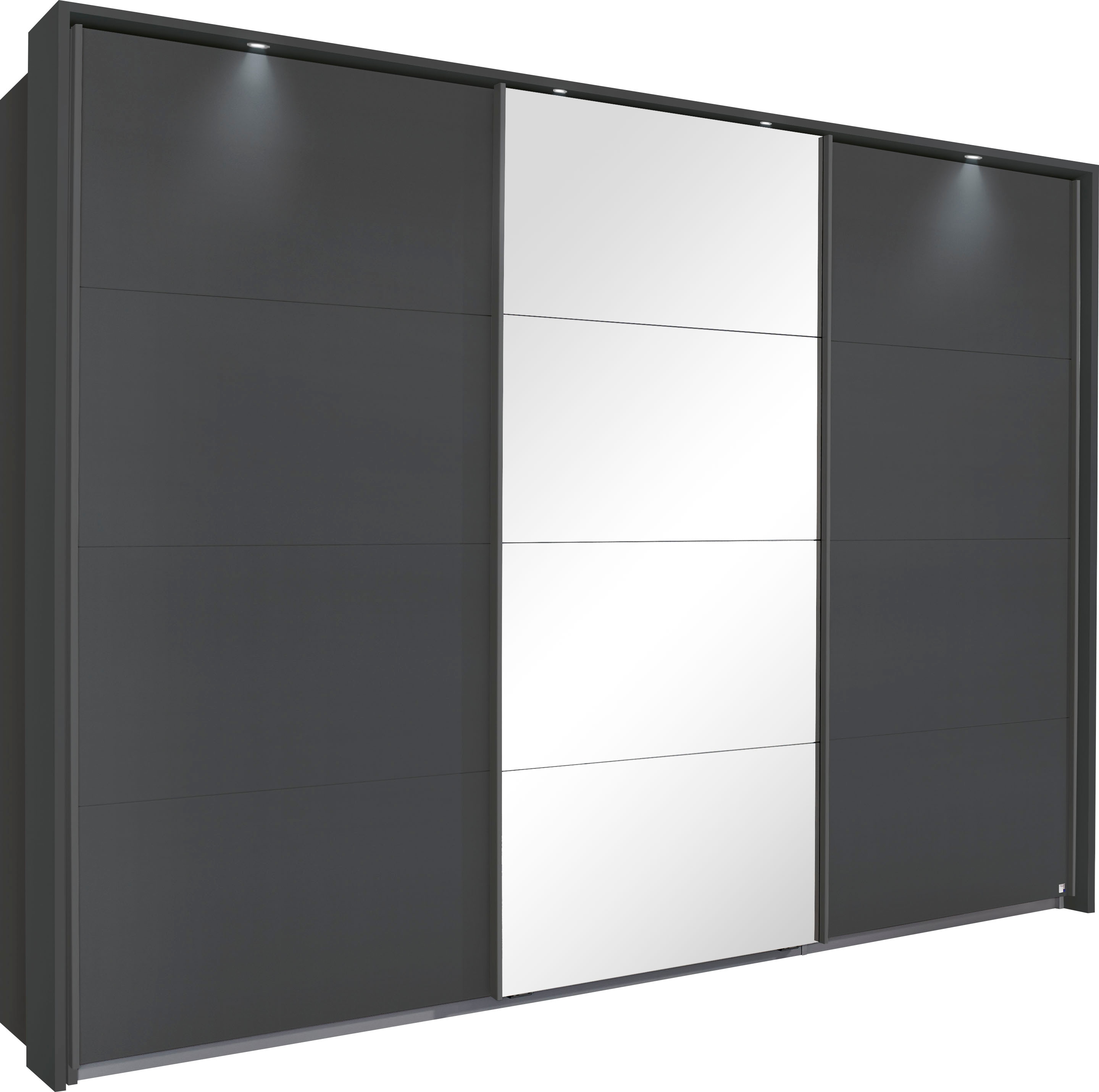 Schwebetürenschrank RAUCH "Kleiderschrank Schrank Garderobe Schlafzimmerschrank TUBONA", grau (graumetallic), B:278cm H:233cm T:64cm, Holzwerkstoff, Schränke, Schwebetürenschrank Kleiderschrank, mit umfangreicher Innenausstattung und Passepartout...