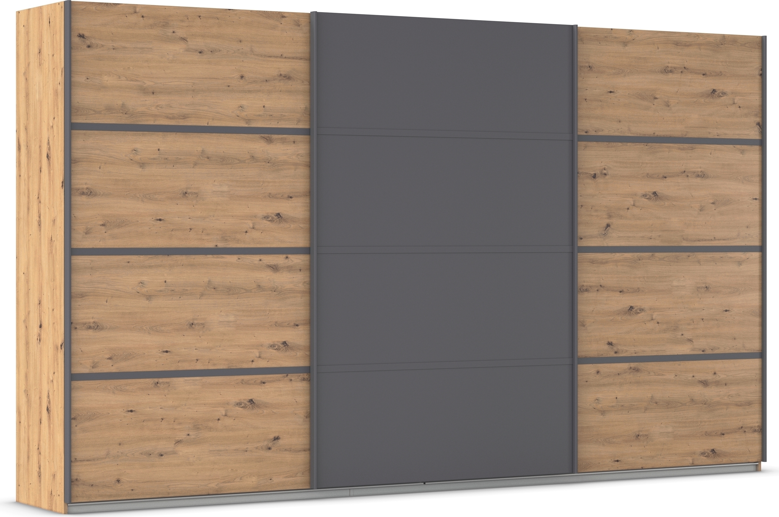 Kleiderschrank RAUCH "Schwebetürenschrank OTTO´s Choice Garderobe Schrank TOP ANGEBOT Avola", grau (eiche artisan, graumetallic, leisten graumetallic), B:360cm H:229cm T:62cm, Holzwerkstoff, Schränke, mit eleganten Zierleisten in Chrom, Schwarz oder... Image