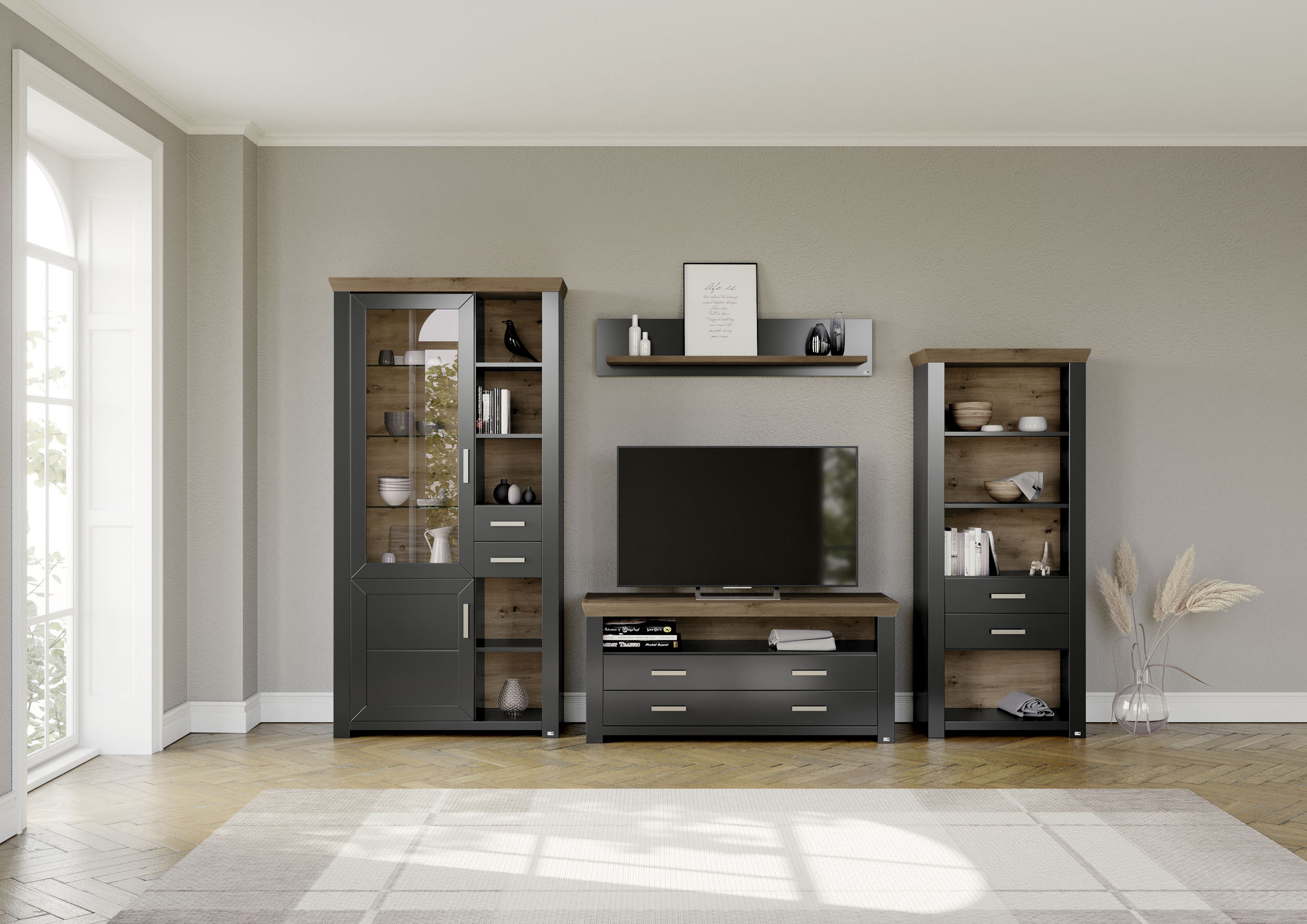 Wohnwand "York", grau (grau, eiche), B:340cm H:207cm T:51cm, Spanplatte, SET ONE BY MUSTERRING, Kastenmöbel-Sets, Kombination mit 4 Teilen, in 3 Farbvarianten, Gesamtbreite 340 cm