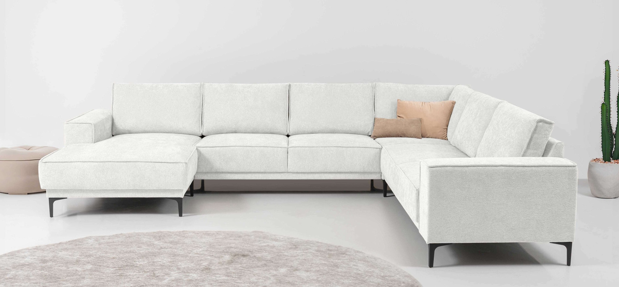 Wohnlandschaft OTTO HOME "XXL Sofa Oland, Struktur, Flachgewebe, Luxus-Microfaser, Boucle", beige (sand), B:342cm H:85cm T:260cm, 100% Polyester, Sofas, Wohnlandschaft, U-Form, 342 cm, Wellenunterfederung, Skandi-Design, Metallfüße