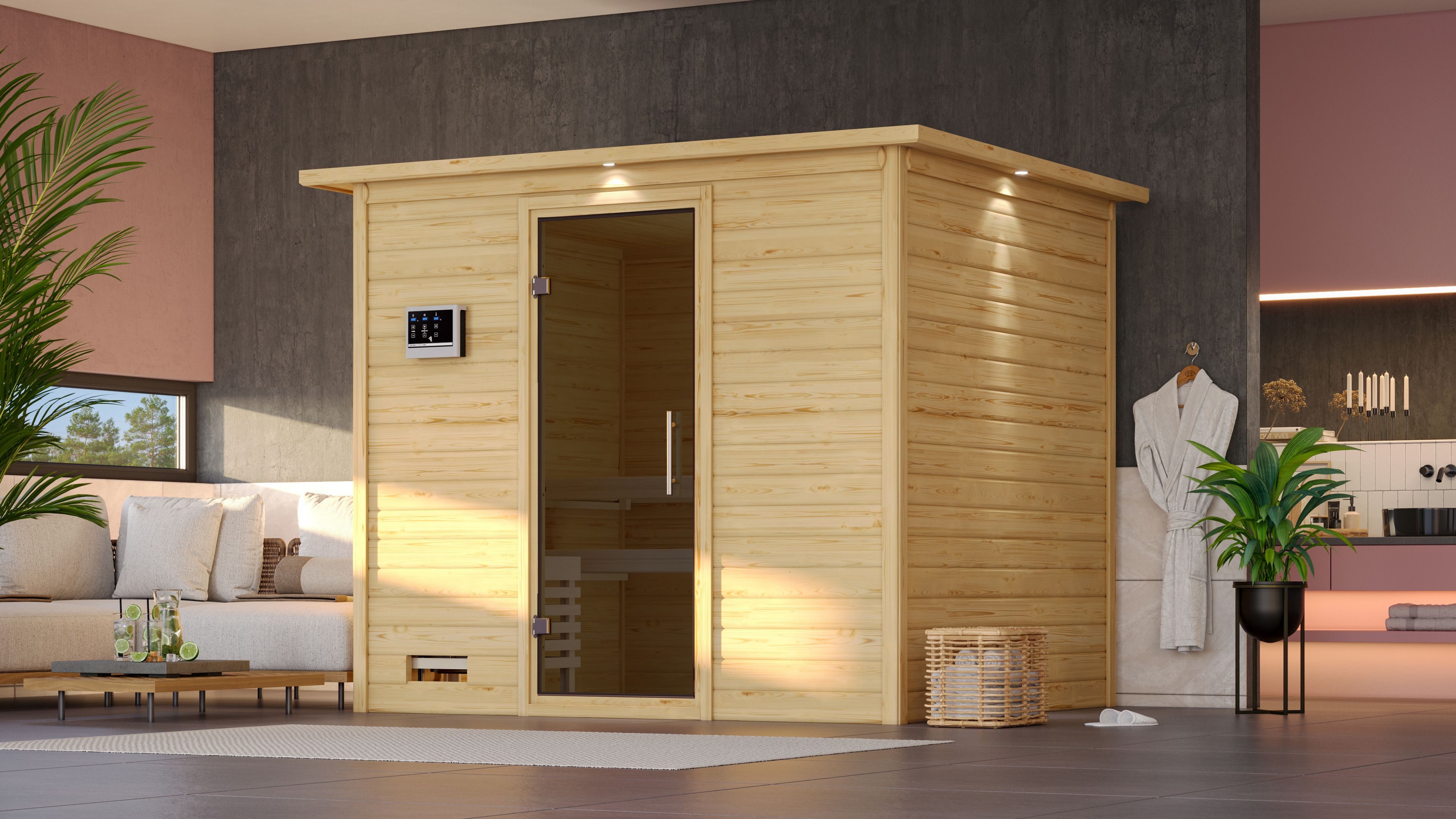 Sauna KARIBU "Soraja", beige (naturbelassen), Saunaofen, externe Steuerung, 9 kW, Saunen, 9-kW-Ofen mit externer Steuerung Image