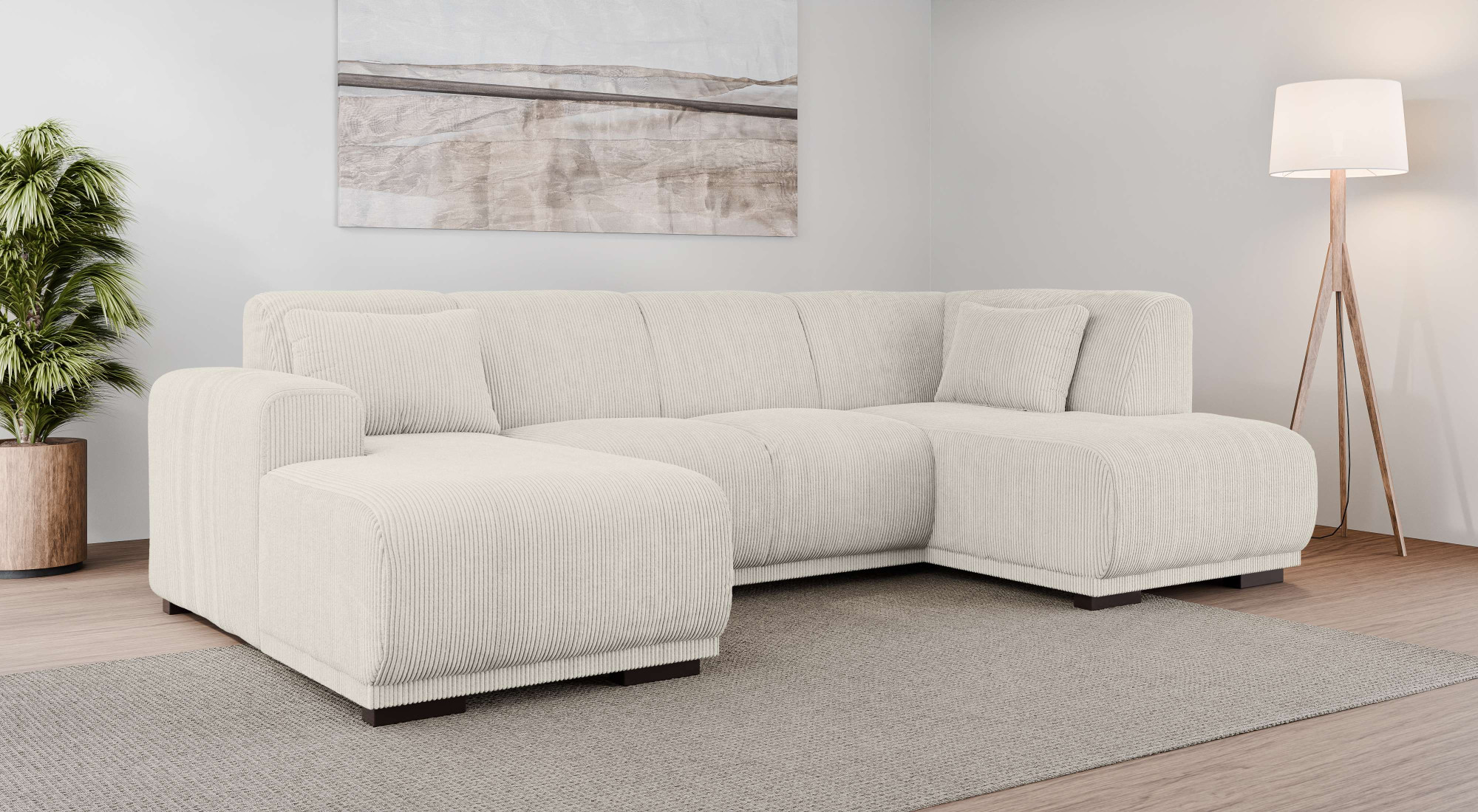 Wohnlandschaft HOME AFFAIRE "BORNHOLM U-Form mit Recamiere rechts/links, B/T/H: 300/162/85 cm", beige (creme), B:300cm H:85cm T:162cm, 100% Polyester, Sofas, Wohnlandschaft, U-Form mit Wellenunterfederung, Recamiere rechts oder links bestellbar