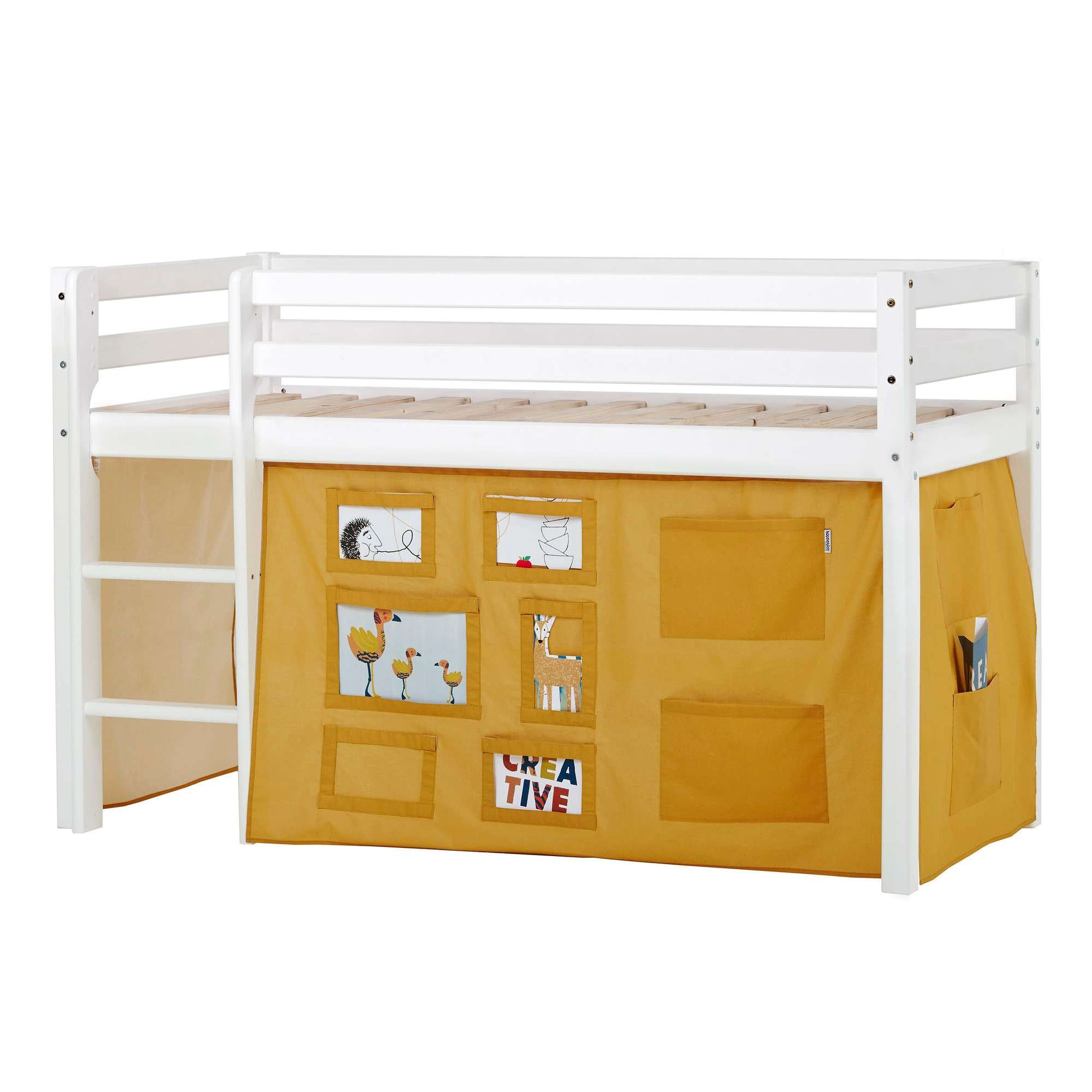 Hochbett HOPPEKIDS "ECO Dream, Kinderbett, Spielbett, Halbhohes Bett aus Massivholz", gelb (weiß, creator gelb), B:81cm H:105cm L:168cm, Kinderbett: 100% Massivholz: Nordische Kiefer, Vorhang: 100% Baumwolle, Hochbetten, Hochbett Kinderbett, inkl....