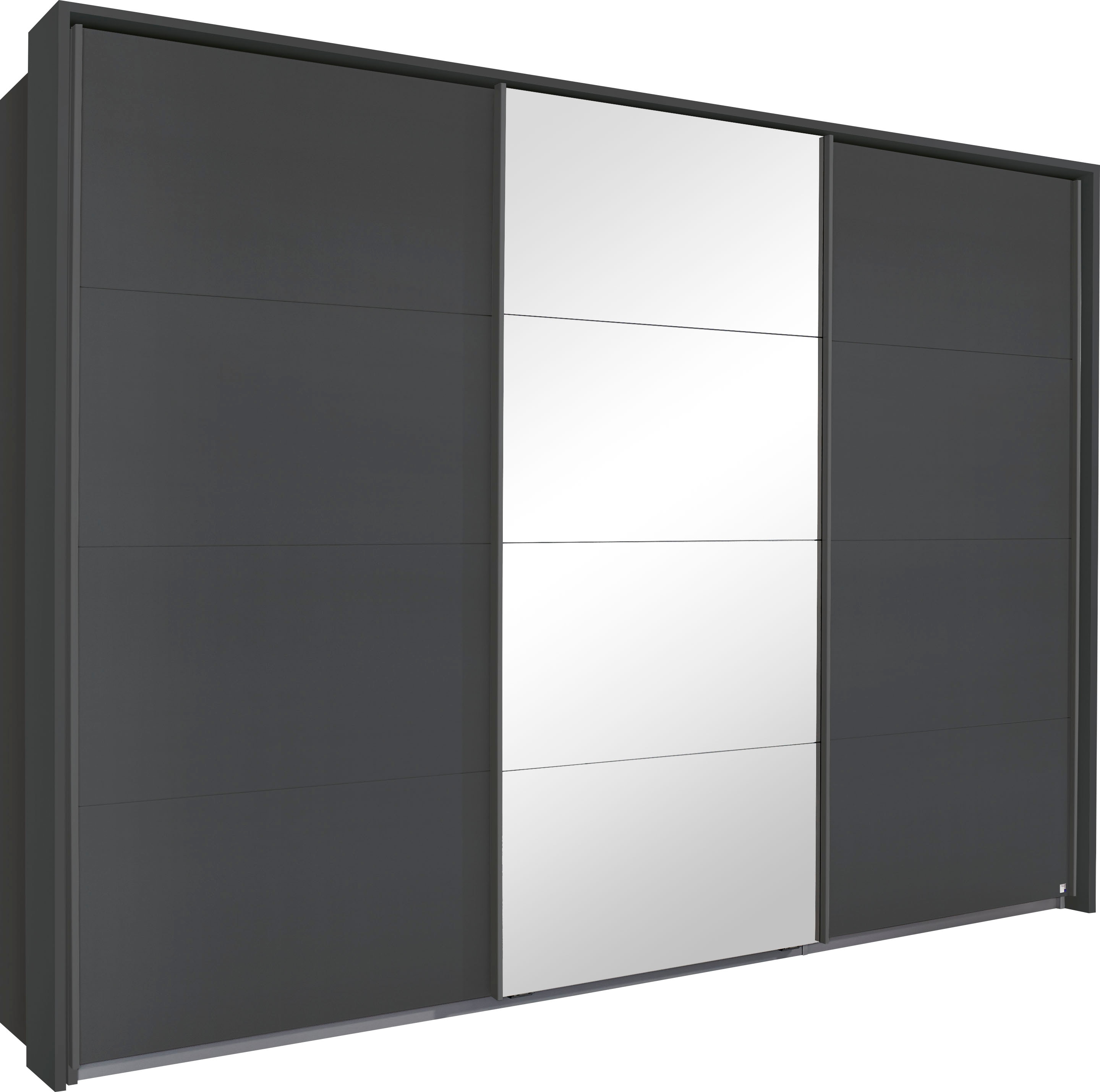 Schwebetürenschrank RAUCH "Kleiderschrank Schrank Garderobe Schlafzimmerschrank TUBONA", grau (graumetallic), B:278cm H:214cm T:64cm, Holzwerkstoff, Schränke, Schwebetürenschrank Kleiderschrank, mit umfangreicher Innenausstattung und Passepartout...