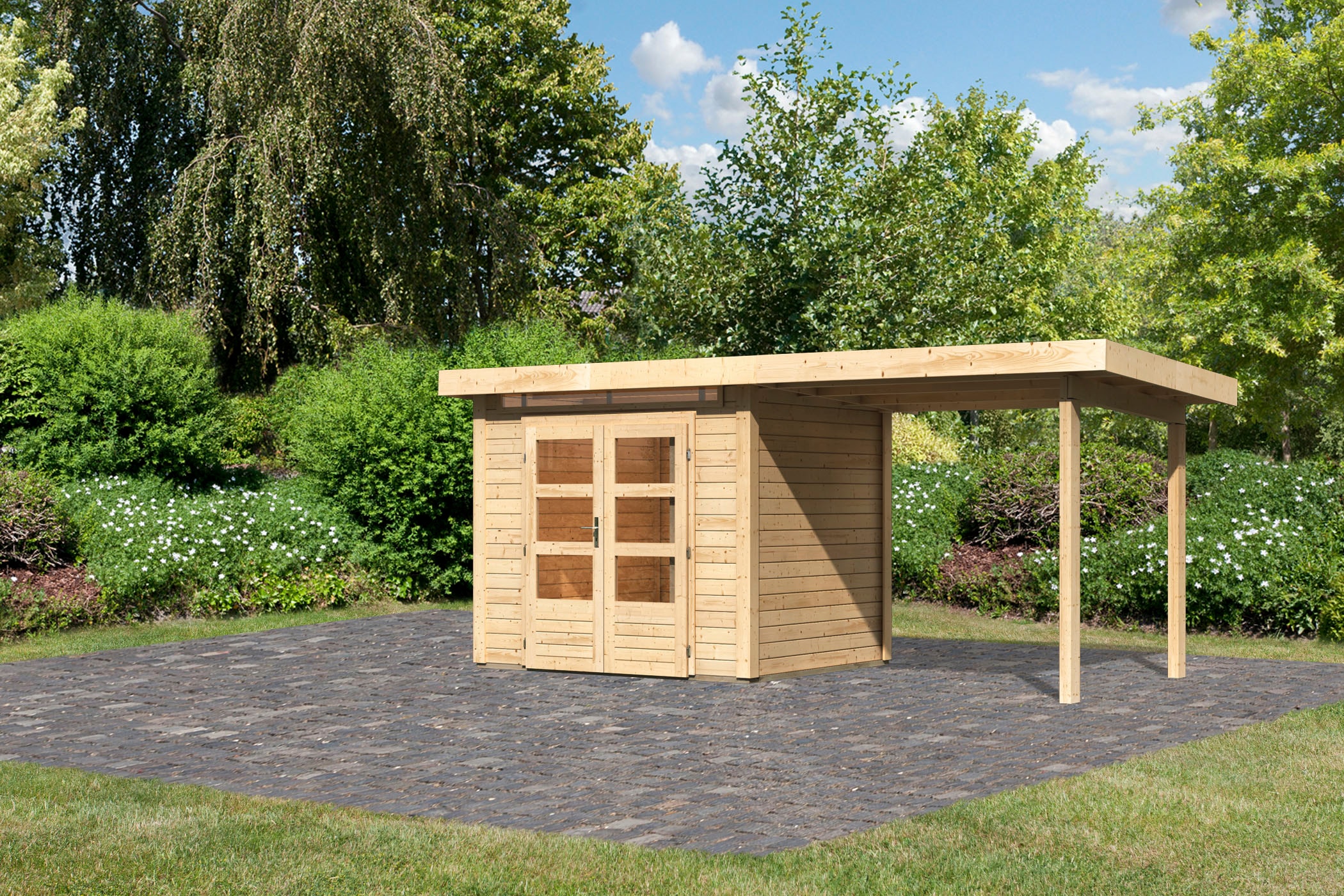 Gartenhaus KARIBU ""Ammersee 2" SET mit Anbaudach 2,35 m Breite", beige (naturbelassen), Holzwerkstoff, Gartenhäuser, Gartenhaus, naturbelassen oder terragrau