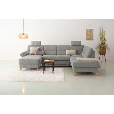 Wohnlandschaft HOME AFFAIRE "Westerland U-Form", grau (hellgrau), B:303cm H:90cm T:213cm, 100% Polyester, Sofas, Federkern, wahlweise Bettfunktion, Stauraum und Armlehn-Verstellung Image