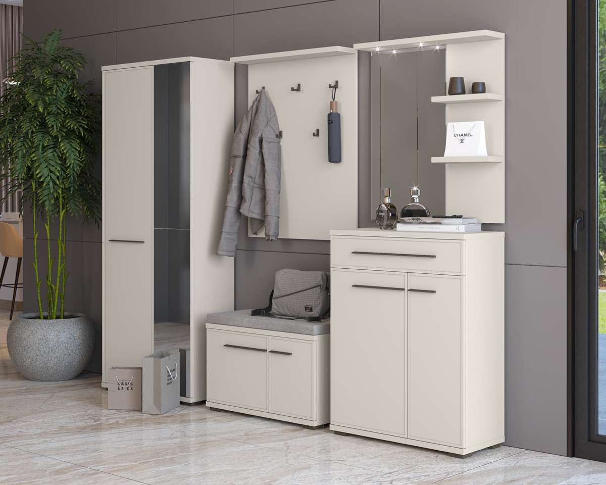 Garderoben-Set PLACES OF STYLE "Opera Flurmöbel, Dielenmöbel, Diele, Garderobe, Garderobenmöbel", beige (cashmere), B:228cm H:194cm T:36cm, Hartfaserplatte, MDF, Spanplatte, Kastenmöbel-Sets, UV-lackiert, Soft-Close Funktion, höhenverstellbar