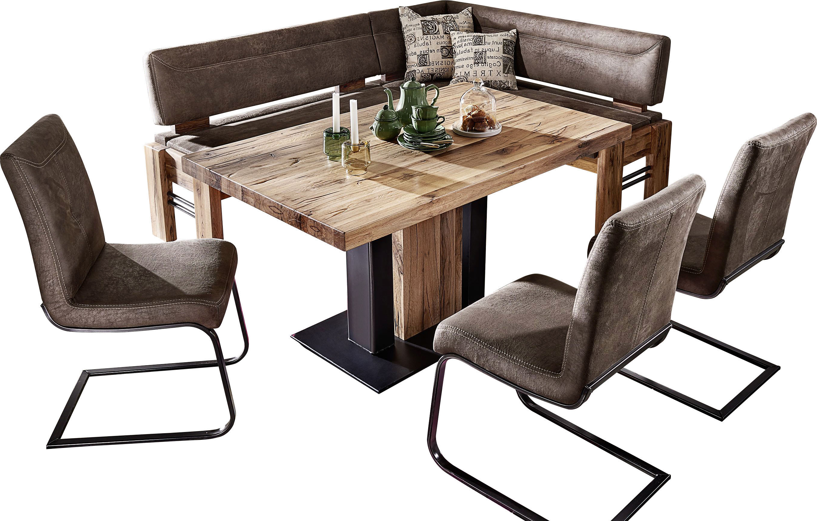 Eckbankgruppe K+W KOMFORT & WOHNEN "Floyd", braun (braun 75, balkeneiche 437,), B:163cm H:90cm T:203cm, Sitzmöbel-Sets, Eckbankgruppe, Stauraum-Eckbank, wahlweise rechts oder links langer Schenkel 203cm