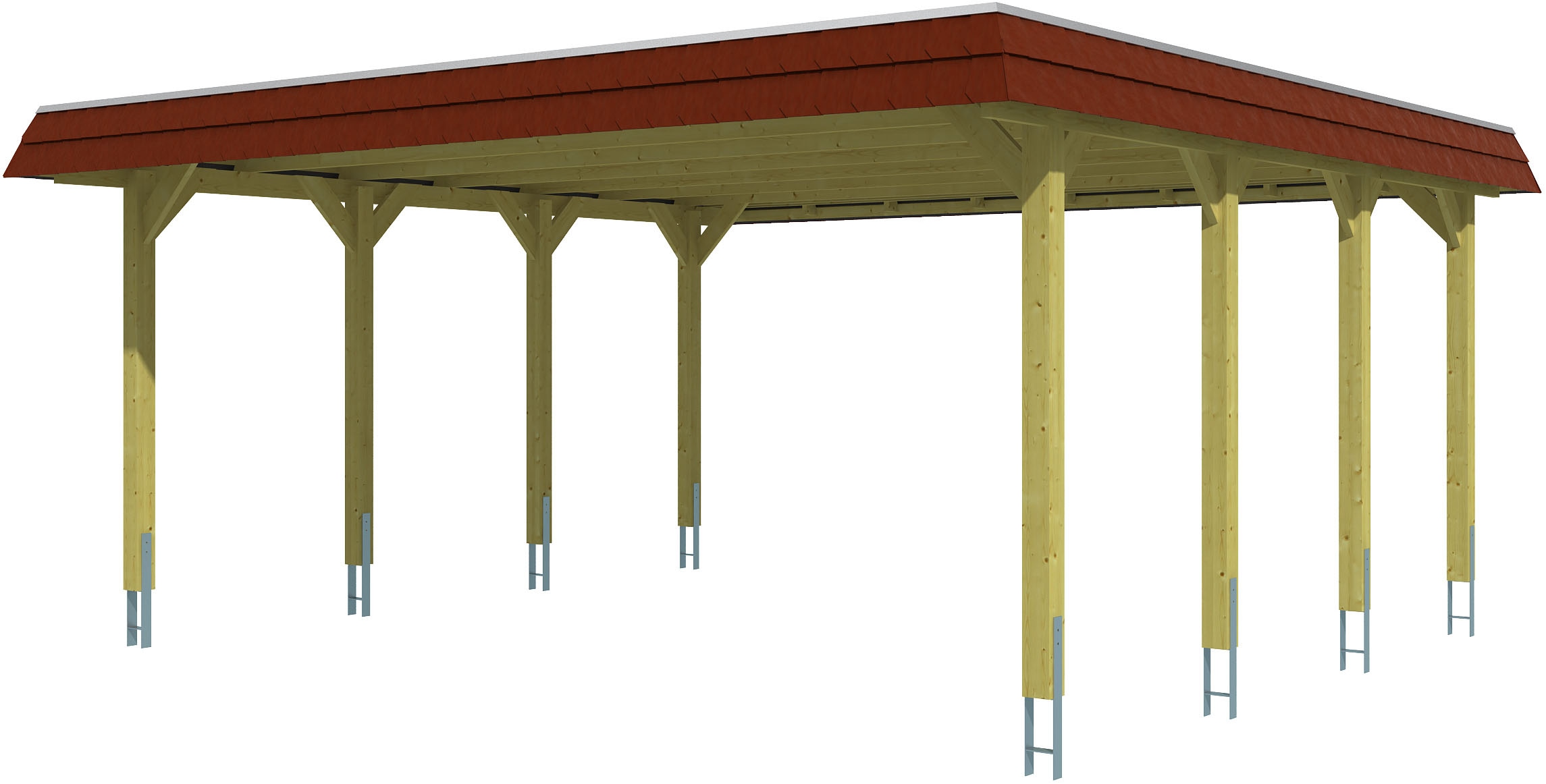 Doppelcarport SKANHOLZ "Spreewald", grün, B/H/T: 585cm x 215cm x 589cm, Carports, mit EPDM-Dach, rote Blende