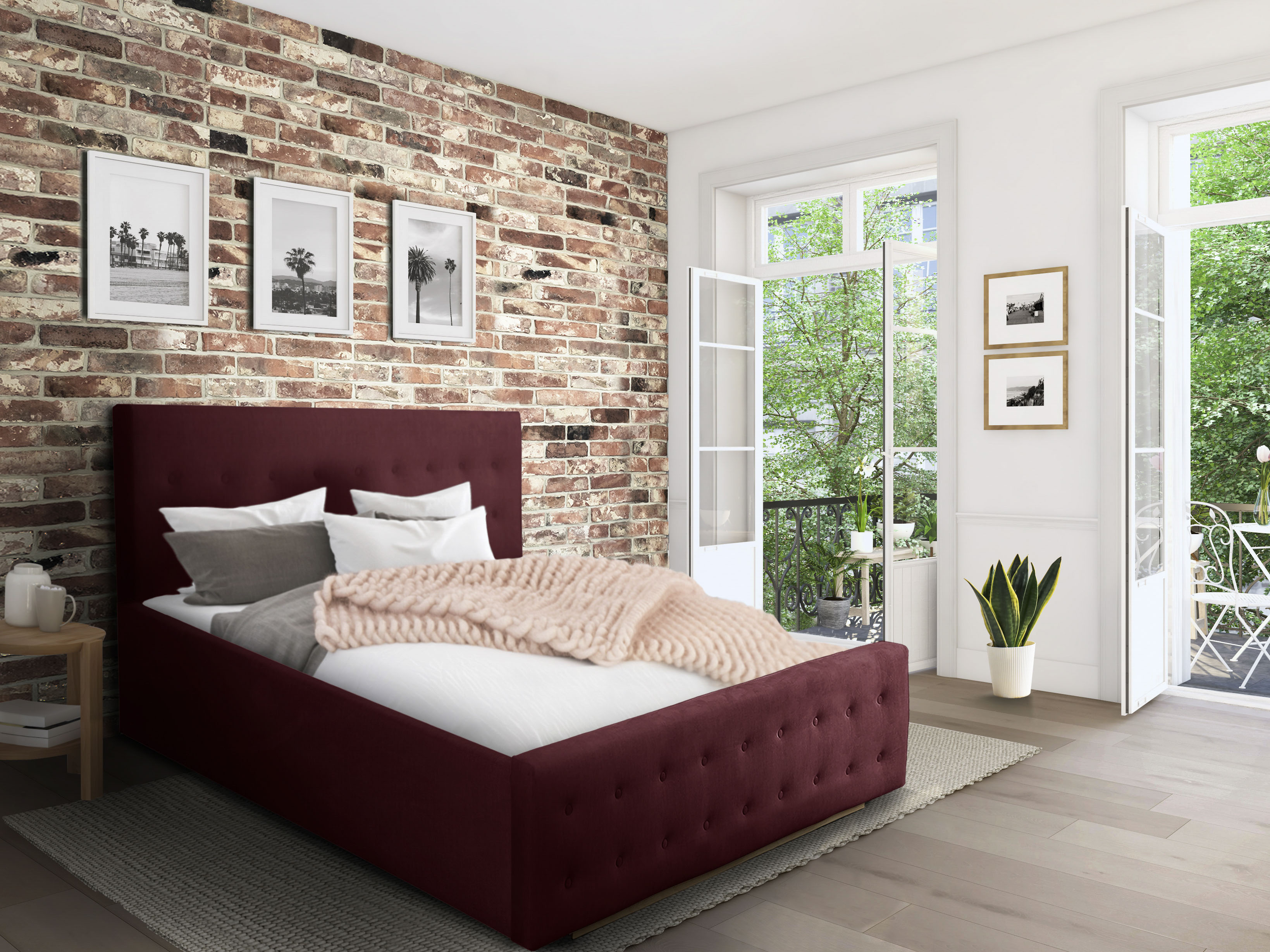 Polsterbett HOME AFFAIRE "Vaine", rot (bordeaux), B:191cm H:96cm L:225cm, Samtoptik (100% Polyester), Betten, Polsterbett, in 5 Breiten, auch in Länge 220 cm, incl. Roll-Lattenrost Image