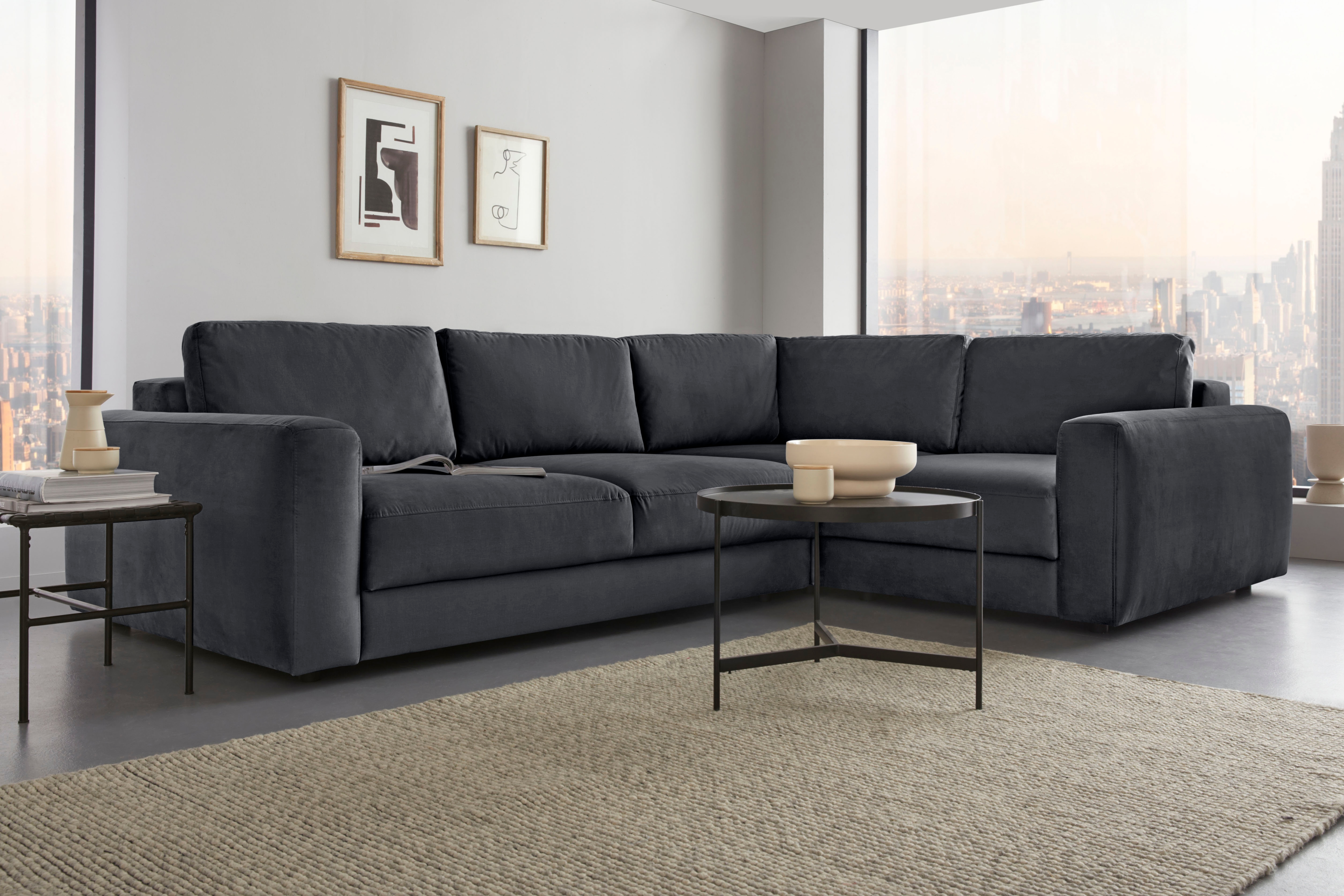 Ecksofa HOME AFFAIRE "Bloomfield, Breite 304cm, Mega Polsterecke mit viel Platz, L-Form", grau (anthrazit), B:304cm H:84cm T:224cm, 100% Polyester, Sofas, Ecksofa, extra tiefe Sitzfläche, wahlweise mit Sitztiefenverstellung