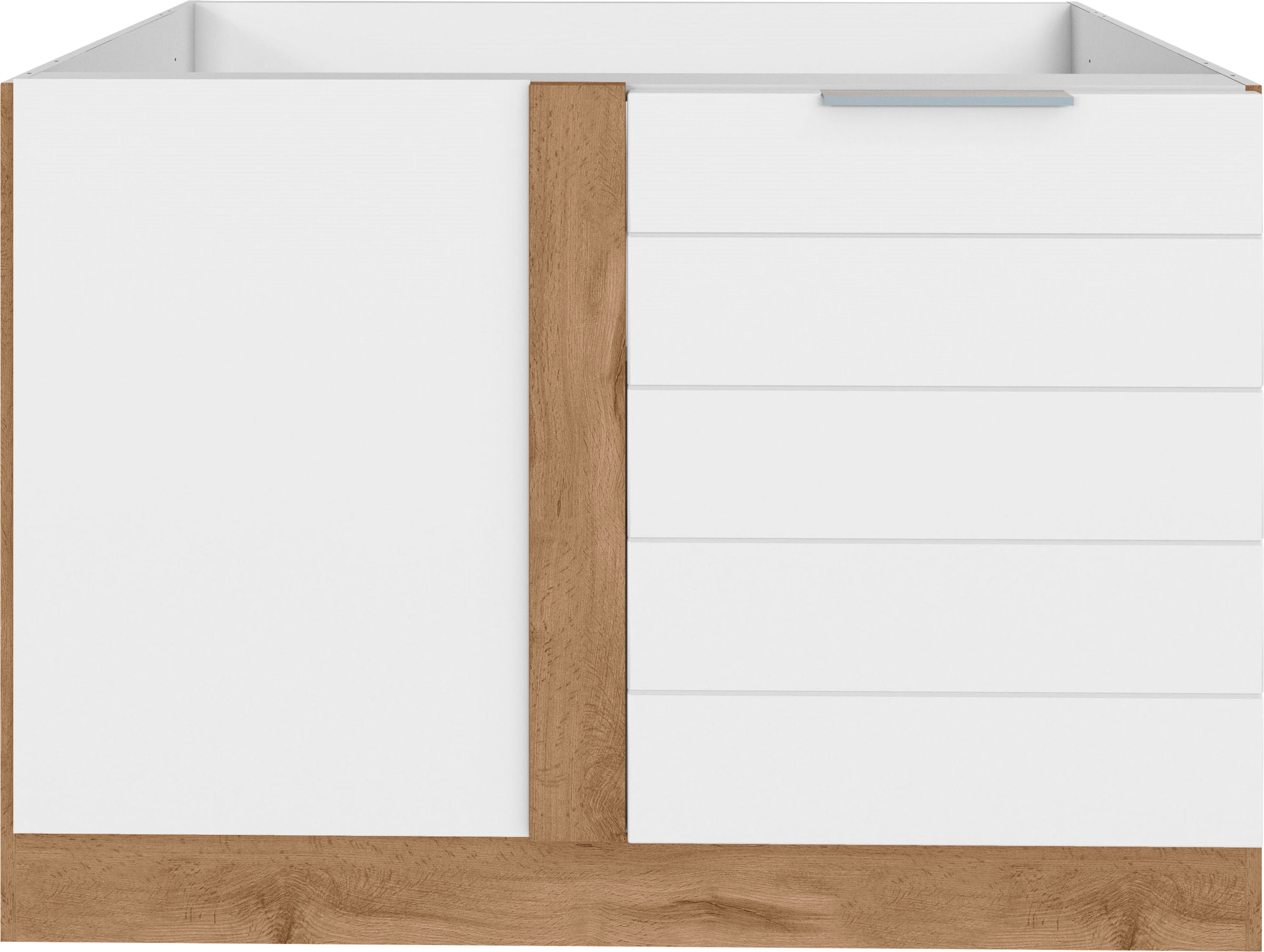 Eckunterschrank KOCHSTATION "KS-Luhe", weiß (weiß matt, wotaneiche), B:120cm H:82cm T:60cm, MDF, Schränke, Küchenunterschrank Eckschrank, 120 cm breit, hochwertige MDF-Fronten mit waagerechter Lisene