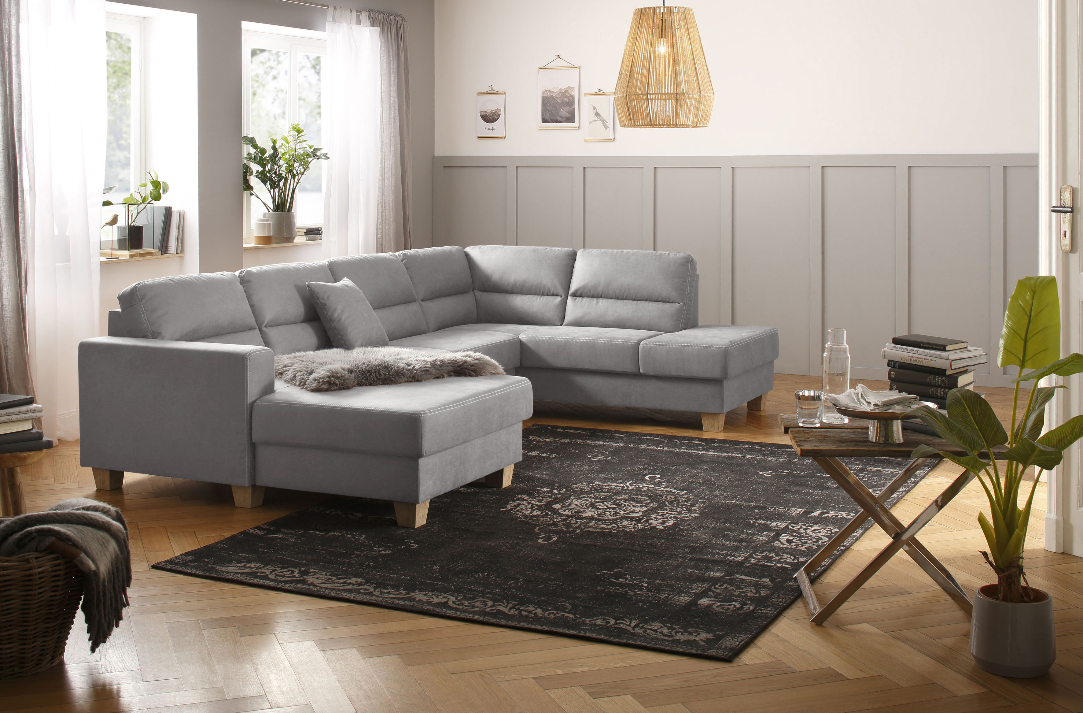 Wohnlandschaft HOME AFFAIRE "Navan, komfortabel mit viel Platz, U-Form", silber, B:313cm H:85cm, Sofas, Wohnlandschaft, wahlweise mit Bettfunktion und Kopfstütze