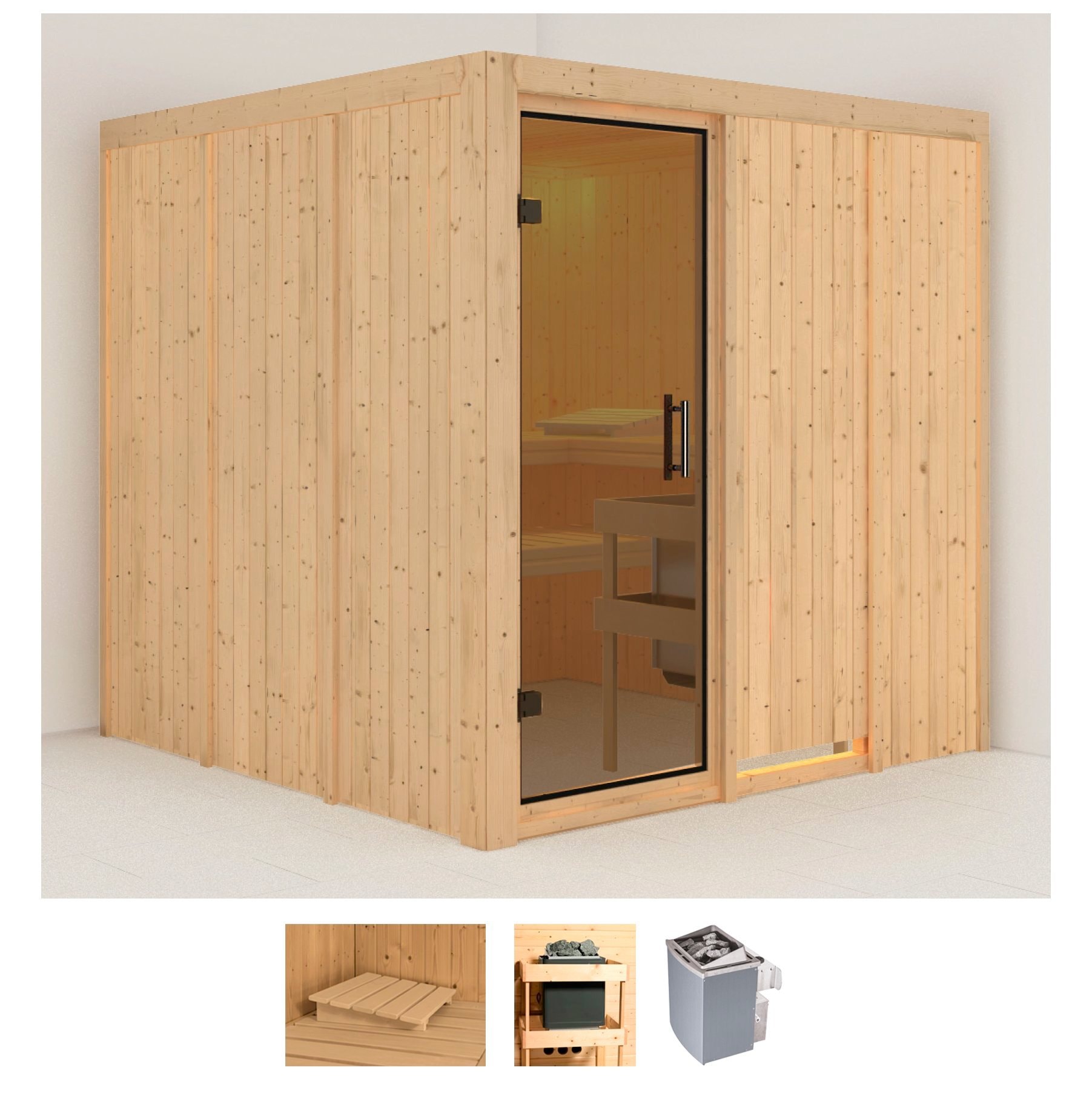 Sauna KARIBU "Rodin", beige (naturbelassen), Saunaofen, integrierte Steuerung, 9 kW, Saunen, Ofen 9 kW integr. Strg