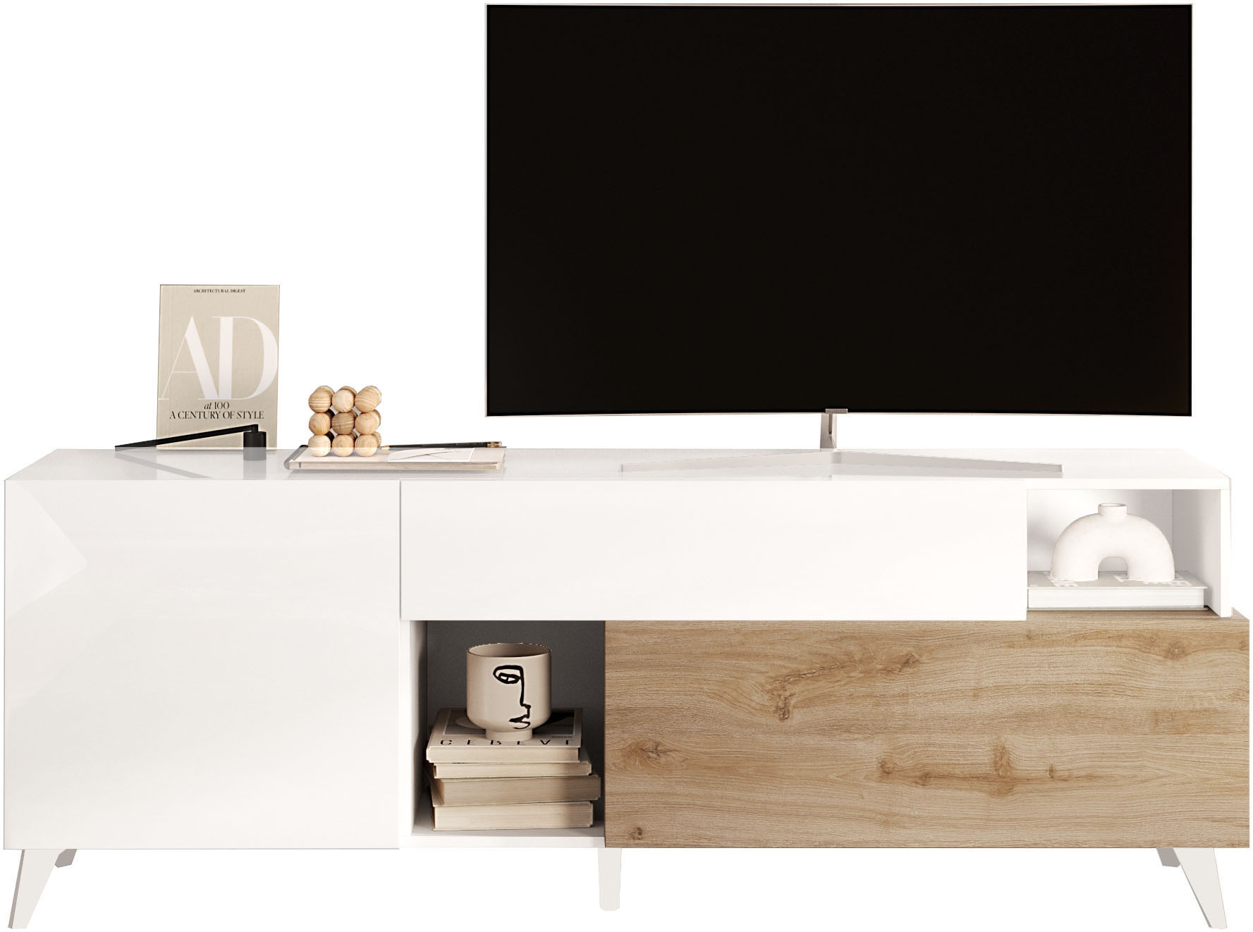 Lowboard HOME AFFAIRE "Monaco in Breite 181 cm, TV-Schrank mit Tür, Klappe und Schubkasten", weiß (weiß hochglanz lack, eiche cadiz nb), B:181cm H:67cm T:42cm, Sideboards, Lowboard, Mediaboard – sanftes Schließen, edles Design, Platz für alles