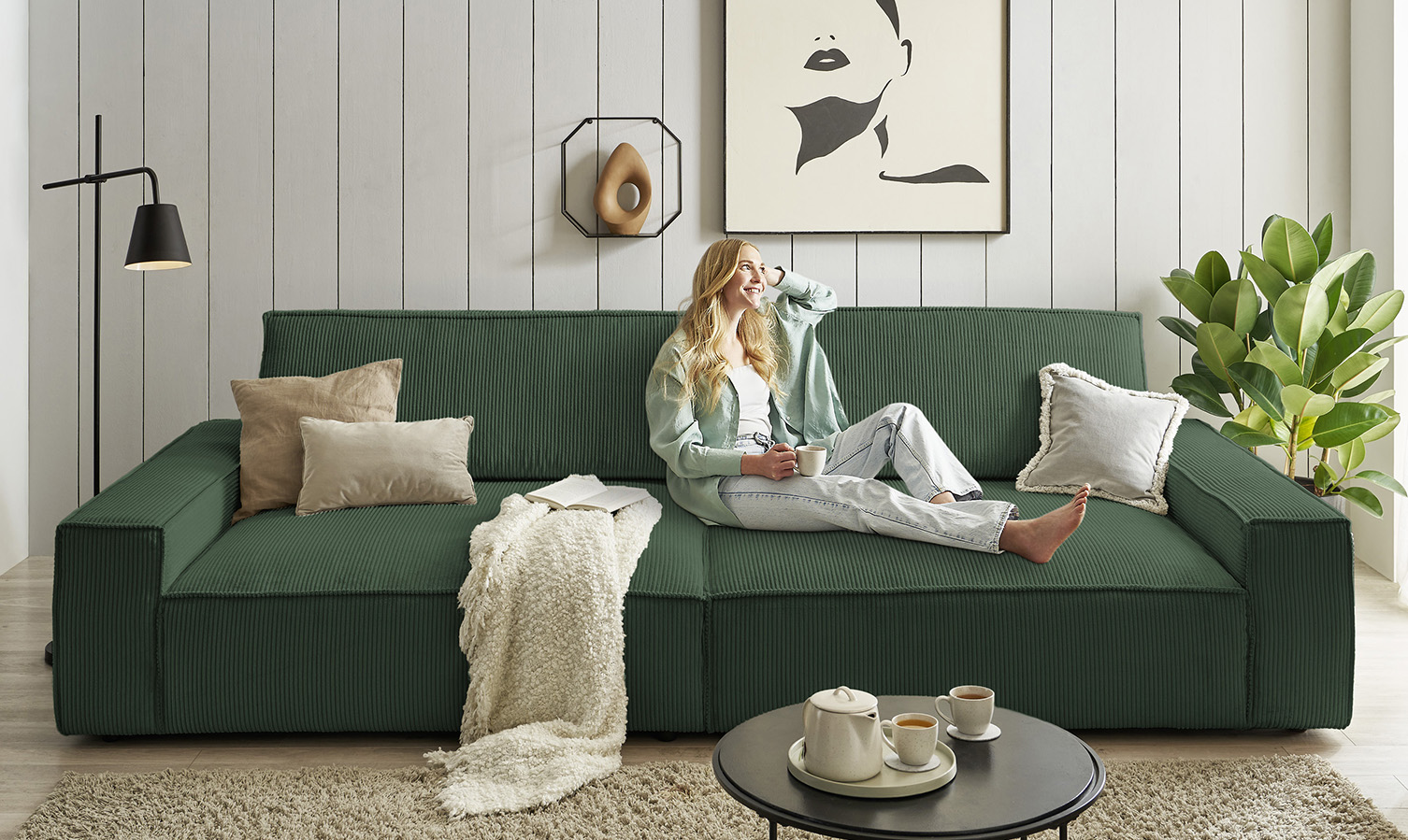 Big-Sofa HOME AFFAIRE "NEU: SHERWOOD XXL, Big-Sofa (316cm), extra tiefe Sitzfläche 95 cm", grün (dunkelgrün), B:316cm H:90cm T:135cm, 100% Polyester, Sofas, Big-Sofa, bequemer Sitzkomfort, Cord u. Leinenoptik, Kedernaht, Topseller