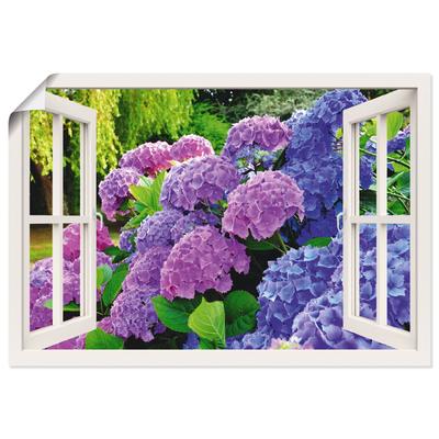 Wandbild ARTLAND "Fensterblick Hortensien im Garten", lila (farbe bild(er): lila), B:70cm H:50cm T:0,1cm, Papier, Bilder, als Leinwandbild, Poster in verschied. Größen Image