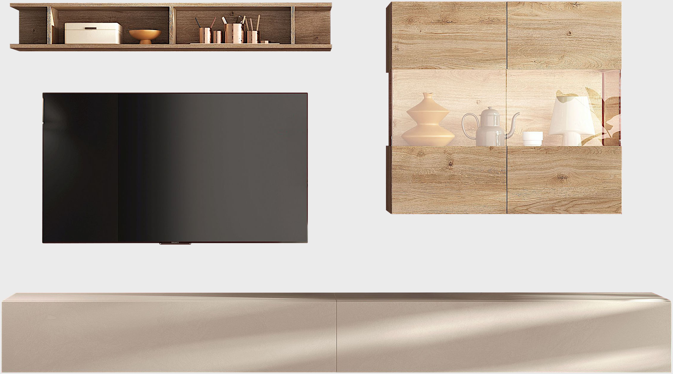 Wohnwand INOSIGN "Infinity, 4tlg. Breite 276 cm, moderne Mediawand", beige (cashmere, eiche cadiz nb), B:276cm H:202cm T:30cm, Kastenmöbel-Sets, (2x Lowboard hängend, Hängevitrine, Wandregal) Höhe variabel