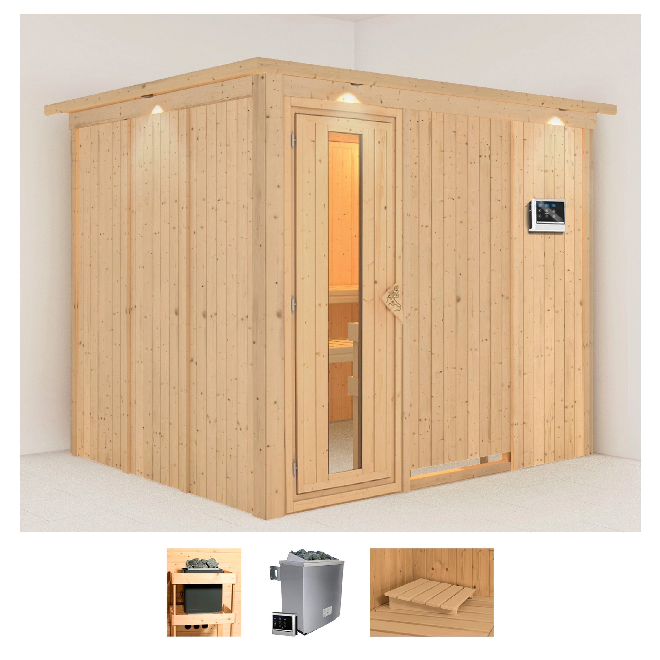 Sauna KARIBU "Gitte", beige (naturbelassen), Saunaofen, externe Steuerung, 9 kW, Saunen, 9-kW-Ofen mit externer Steuerung Image