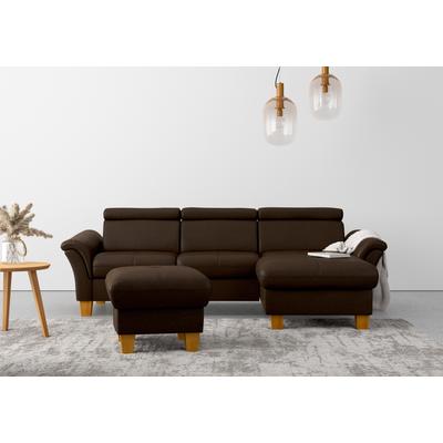 Ecksofa HOME AFFAIRE "Lindgren L-Form", braun (mocca), B:258cm H:84cm T:169cm, 100% Polyester, Sofas, wahlweise mit Bett mit klappbaren Rollen, Kasten und Kopfverstellung Image