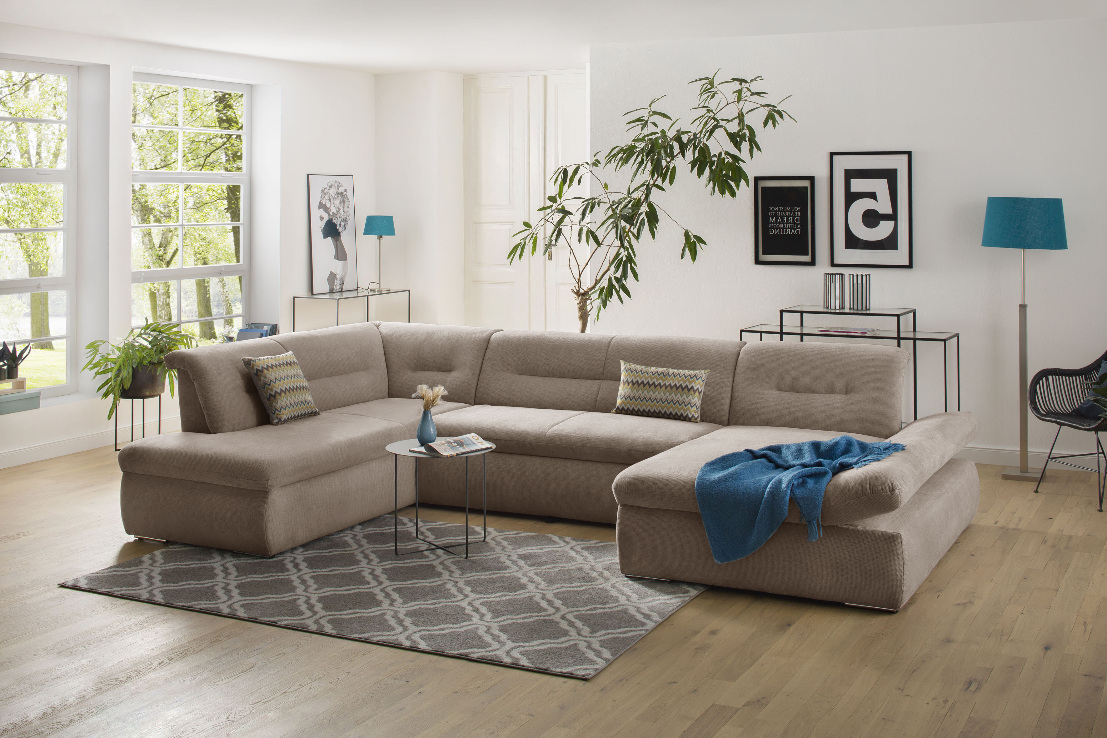 Wohnlandschaft INOSIGN "Avesa U-Form", braun (coffee), B:355cm H:80cm T:216cm, 95% Polyester, 5% Polyacryl, Sofas, Wahlweise mit Armteilverstellung und Bettfunktion, B/T/H: 355/216/80cm
