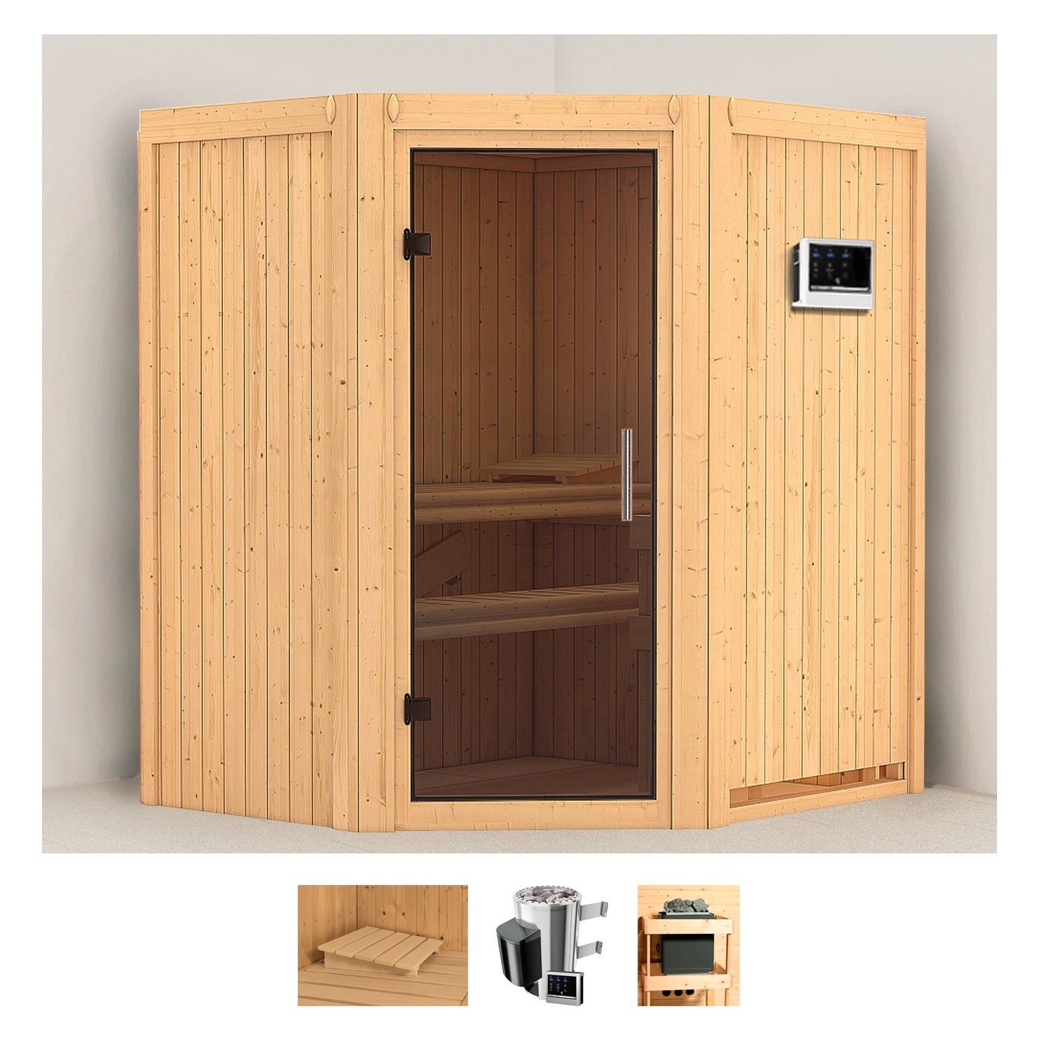 Sauna KARIBU "Tomke", beige (naturbelassen), Saunaofen, externe Steuerung, 3,6 kW, Saunen, Ofen 3,6 kW externe Strg.easy