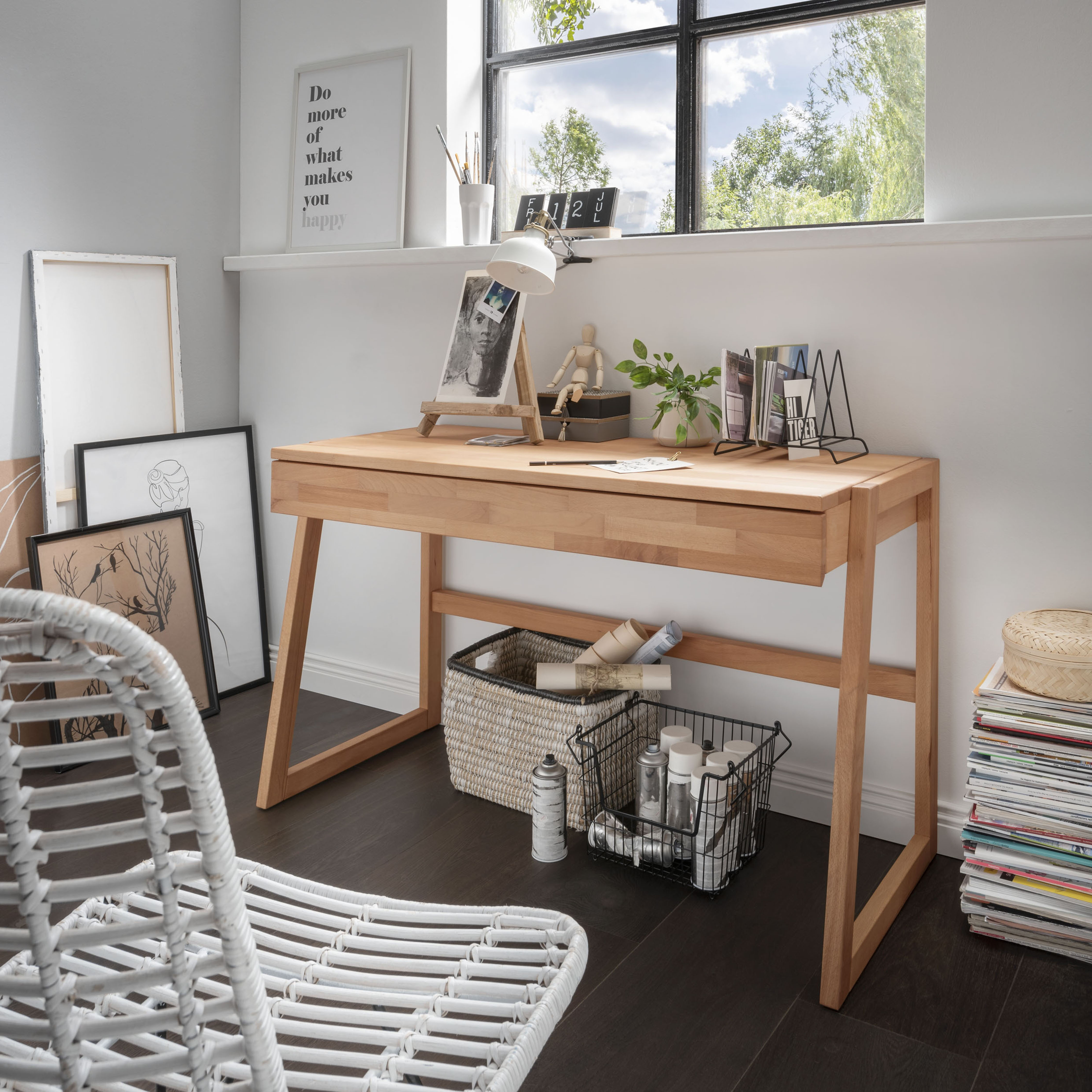 Laptoptisch HOME AFFAIRE "Dura", braun (buche), B:126cm H:77cm T:55cm, Tische, aus Massivholz, mit Soft-Close Funktion der Schubladen Image