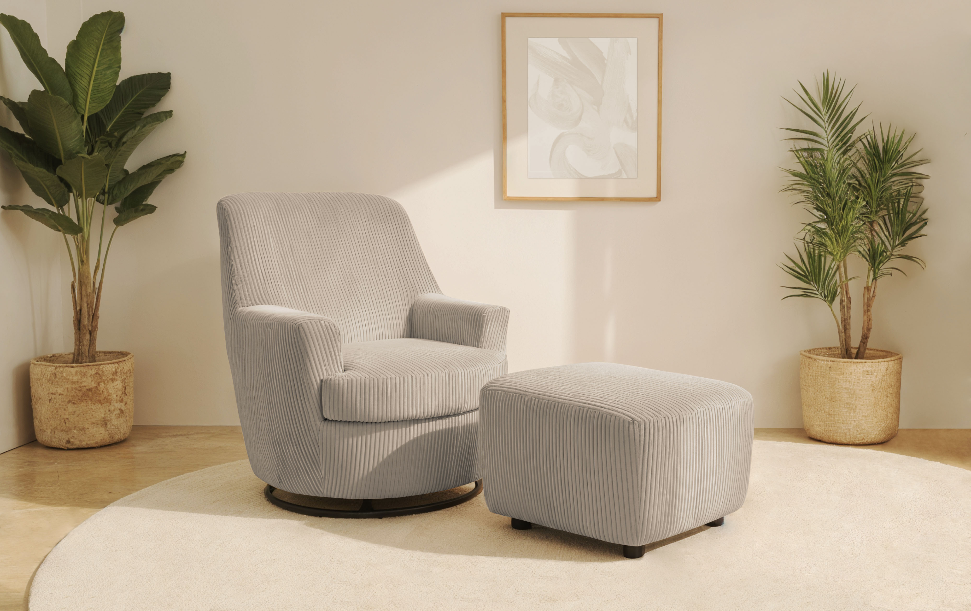 Drehsessel INOSIGN "HETTY, Drehsessel mit Wippfunktion und Hocker; Lesesessel, Armsessel", grau (taupe), B:78cm H:93cm T:88cm, 100% Polyester, Sessel, mit Dreh/Wippfunktion, mit Federkern, in Cord und Microfaser