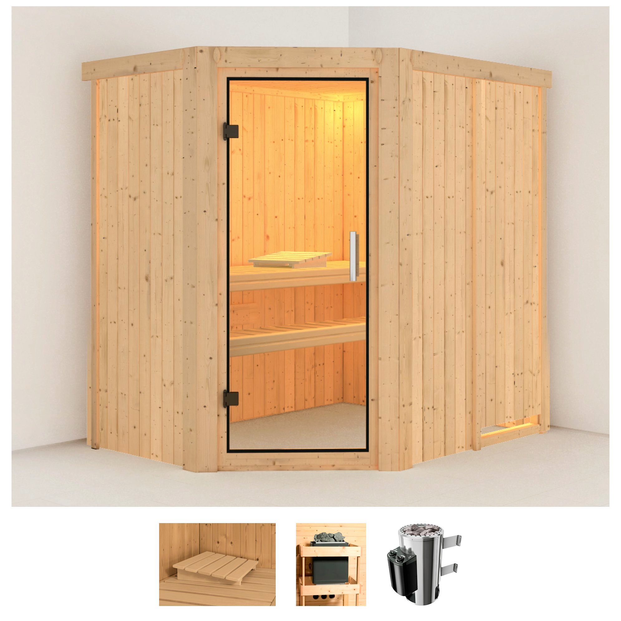 Sauna KARIBU "Swantje", beige (naturbelassen), Saunaofen, integrierte Steuerung, 3,6 kW, Saunen, 3,6-kW-Plug & Play Ofen mit integrierter Steuerung Image