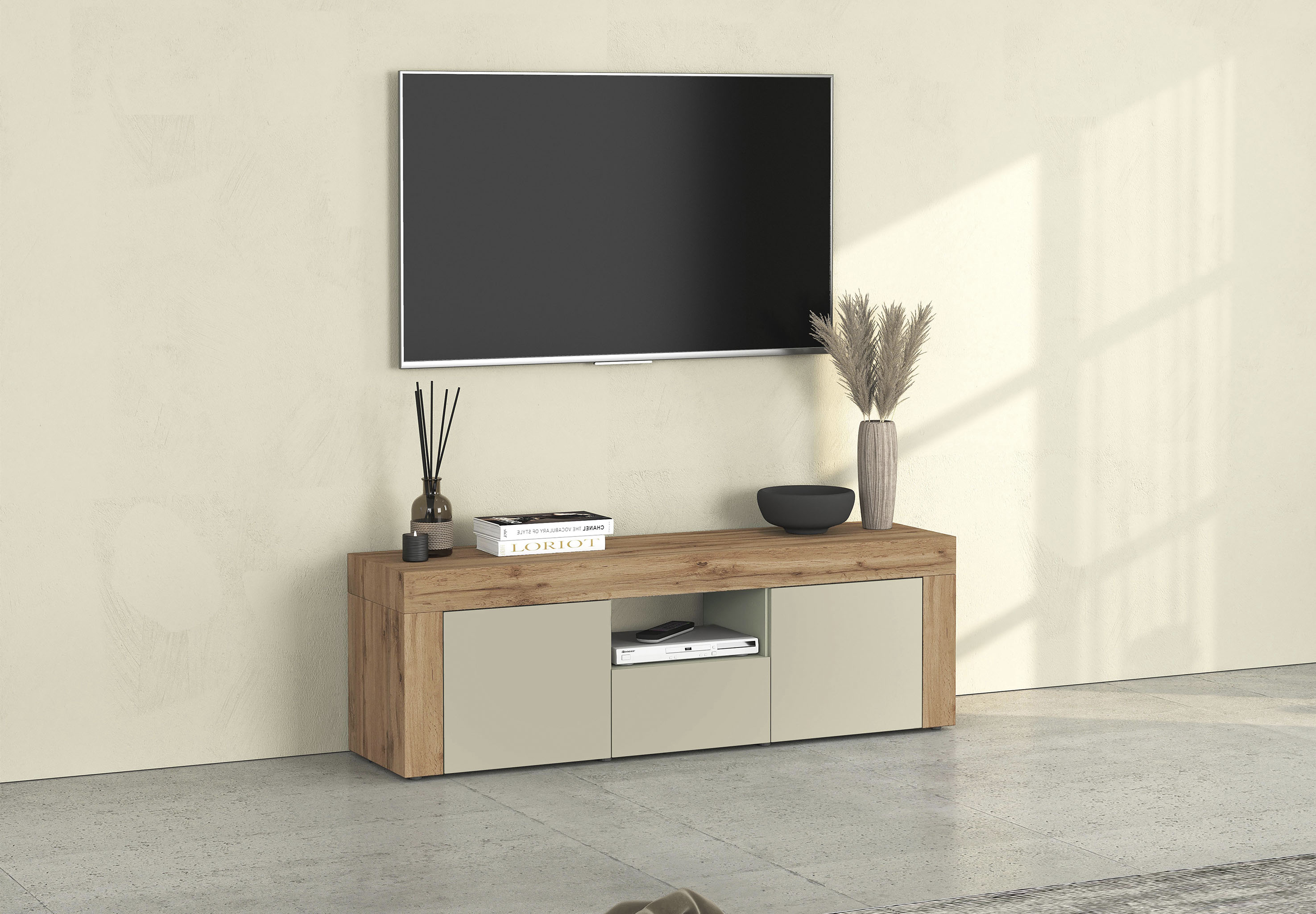 Lowboard INOSIGN "CHRONOS Breite 155 cm mit 2 Türen, 1 Schublade,1 offenes Fach", taube matt, eiche wotan, B:155cm H:50cm T:40cm, FSC-zertifizierter Holzwerkstoff, Sideboards, TV-Board, Sideboard niedrig, Grifflos mit Push to Open 'Made in Italy'