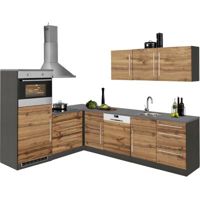 Winkelküche KOCHSTATION "KS-Samos", braun (front: wotaneichefarben, korpus: grafitgrau, arbeitsplatte: anthrazit), B:220cm H:200cm T:60cm, Komplettküchen-Sets, L-Küche, mit E-Geräten, Stellbreite 200/270 cm Image