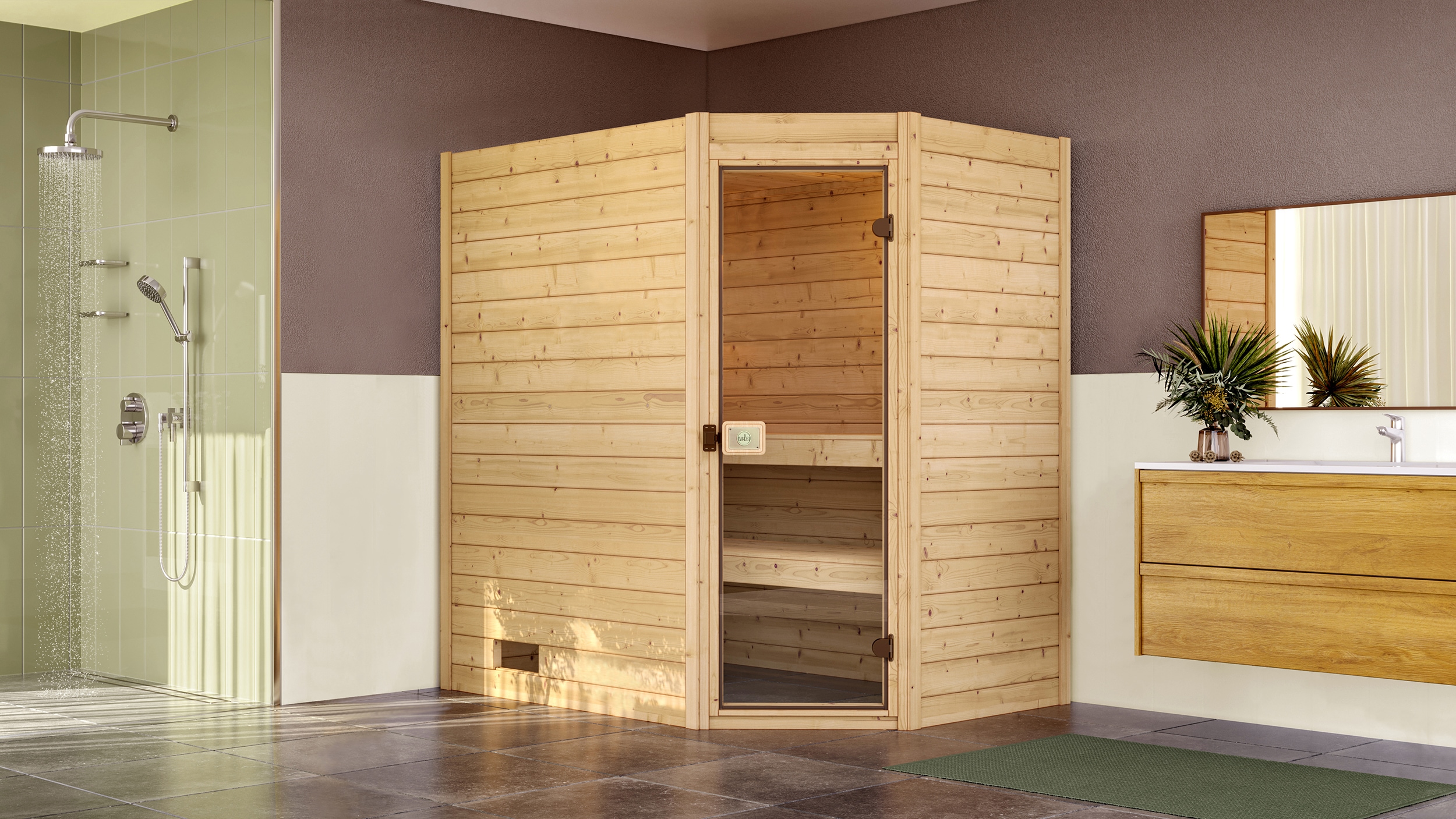 Sauna WEKA "Massivholzsauna VALIDA Eck 1", beige (natur), Saunaofen, integrierte Steuerung, 5,4 kW, Saunen, Blockbohlen, moderne Ganzglastür