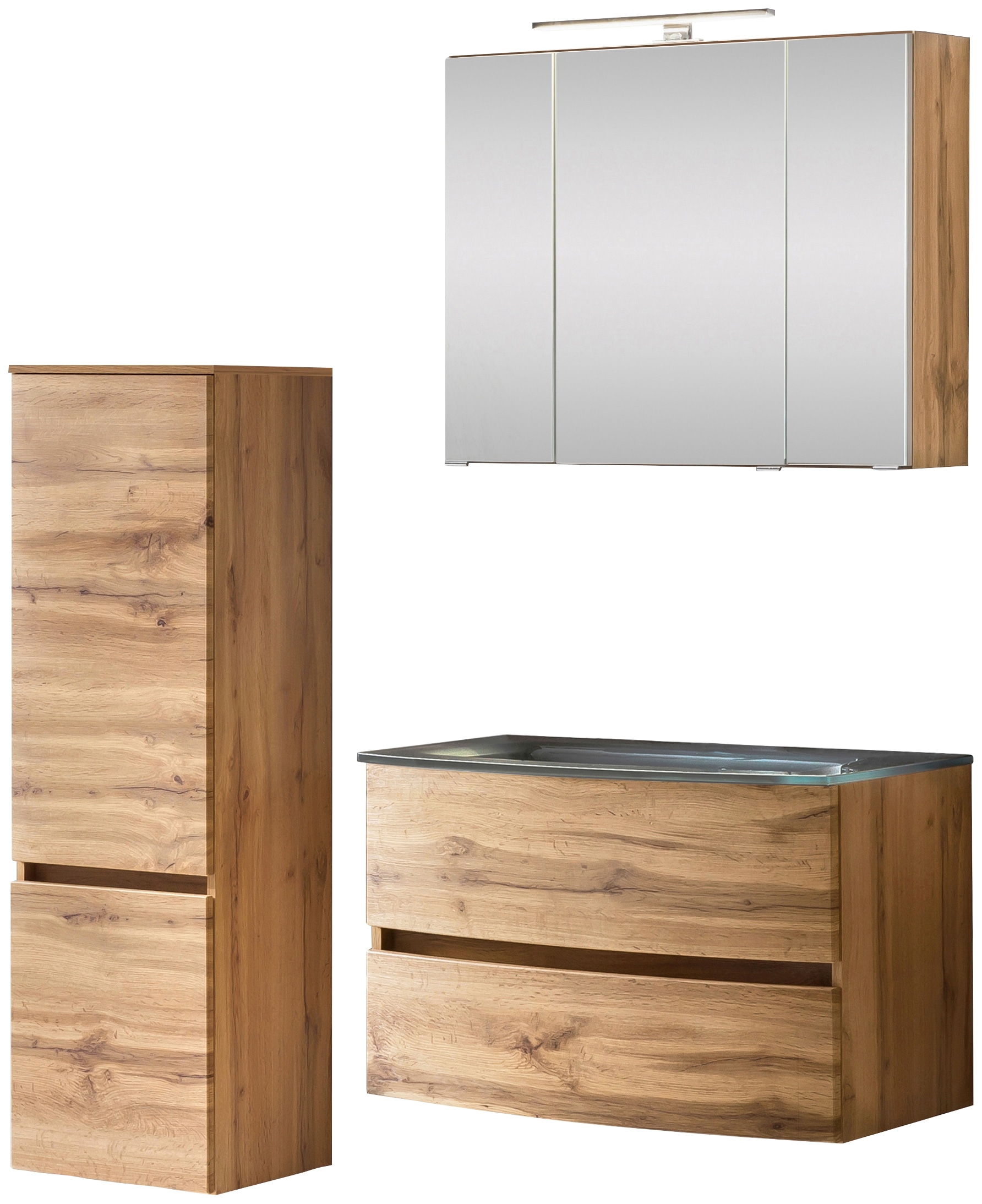 Badezimmer-Set WELLTIME "Kaunas", grau (wotaneiche, grau), B:120cm H:200cm T:49cm, Kastenmöbel-Sets, bestehend aus Waschtisch-Set mit Midischrank, Breite 120 cm Image