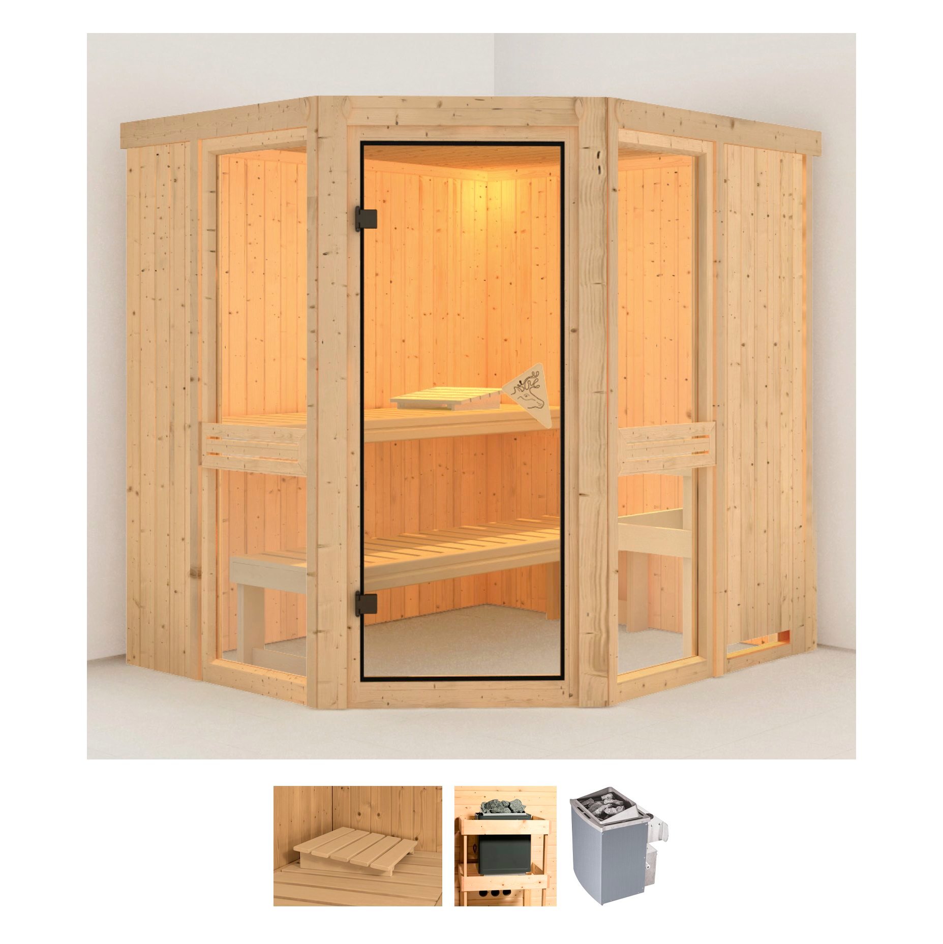 Sauna KARIBU "Aline 1", beige (naturbelassen), Saunaofen, integrierte Steuerung, 9, Saunen, 9-kW-Ofen mit integrierter Steuerung Image