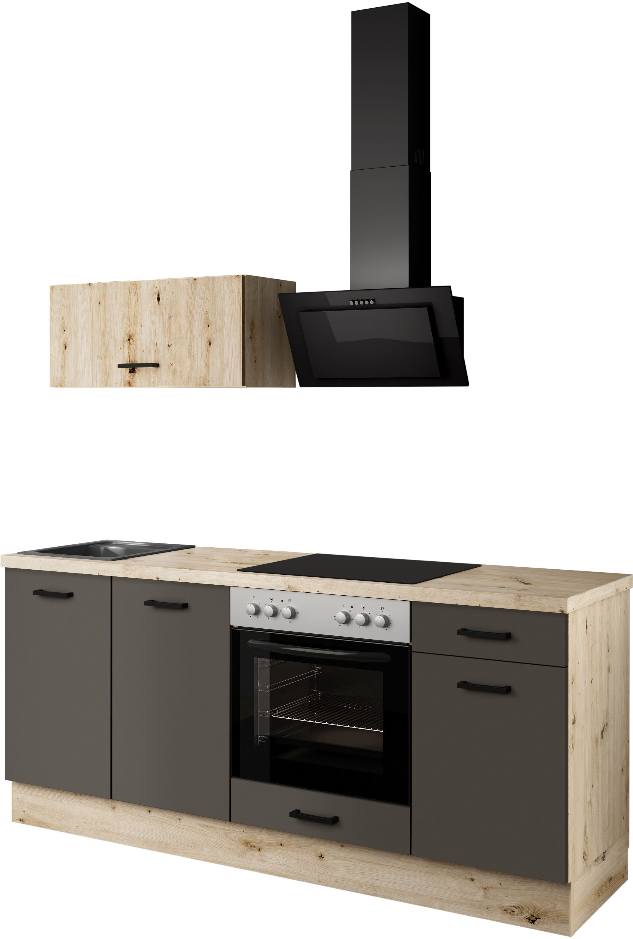 Küchenzeile IMPULS KÜCHEN "Lissabon", Ausrichtung wählbar, Schubkästen mit Soft-Close", braun (küche: braun, front: vulkanbraun, korpus: eiche, nachbildung hell, arbeitsplatte: eiche, nachbildung hell), B:195cm H:185cm T:60cm, Komplettküchen-Sets,...