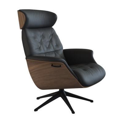Relaxsessel FLEXLUX "Volden Fernsehsessel, verstellbarer Rücken- & Kopfstütze, drehbar", schwarz (deep balck), B:83cm H:112cm T:125cm, 100% Echteder, Sessel, Rücken- und Kopfteilverstellung, Drehbar, Fuß Schwarz Armlehne Walnuss Image