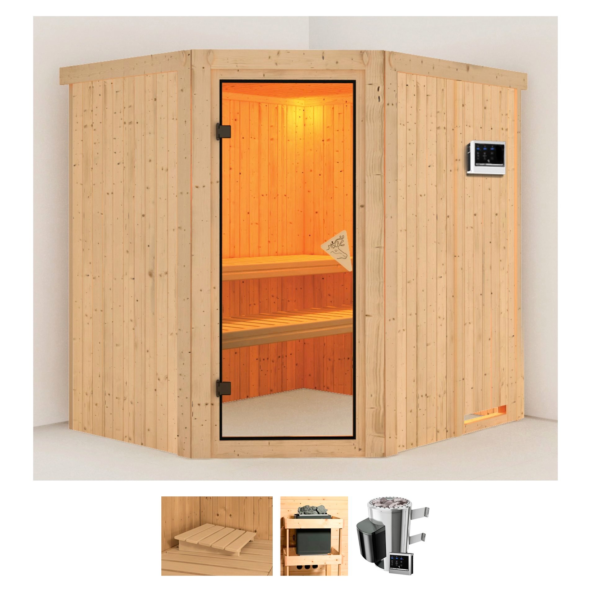 Sauna KARIBU "Laila", beige (naturbelassen), Saunaofen, externe Steuerung, 3,6 kW, Saunen, 3,6-kW-Plug & Play Ofen mit externer Steuerung Image