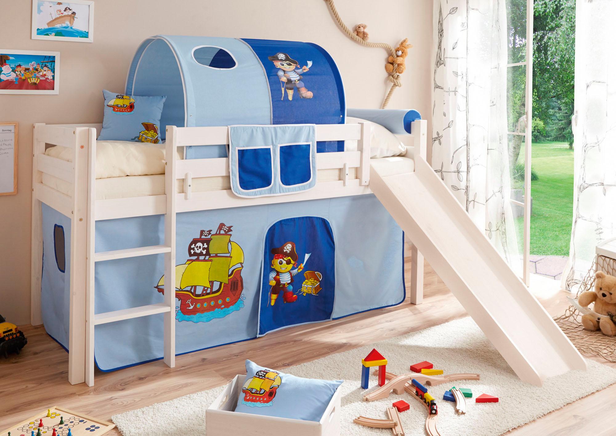 Hochbett TICAA "Manuel", blau (kiefer massiv weiß, pirat, hellblau, dunkelblau), B:217cm H:114cm L:205cm, Hochbetten, Hochbett, mit Rollrost in verschied. Ausführungen wahlweise mit Matratze, weiß