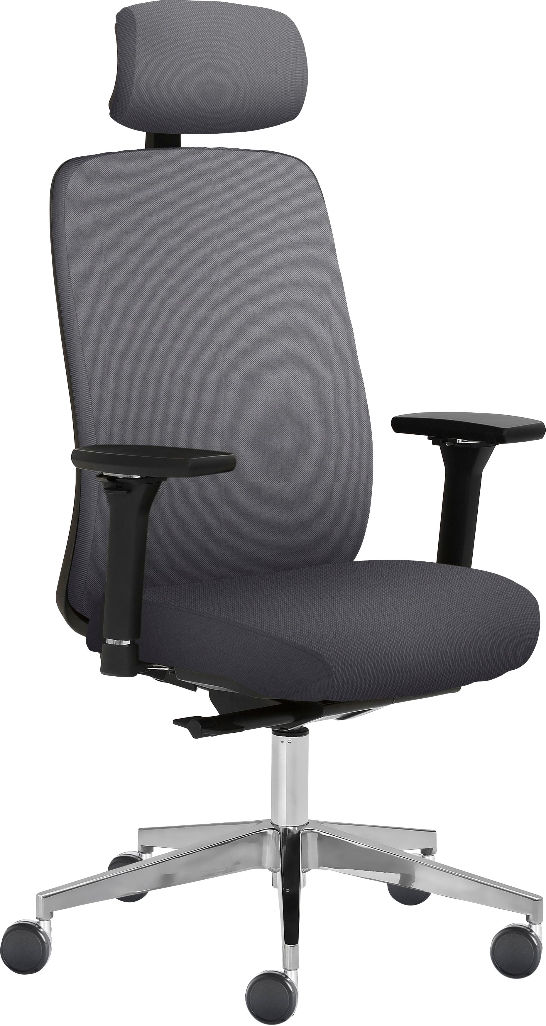 Drehstuhl MAYER SITZMÖBEL "2229", grau (grau, aluminium poliert), B:70cm H:123cm T:63cm, Stühle, Bürodrehstuhl, 4D Armlehnen, Kopfstütze, Sitztiefenverstellung, Teppichrollen