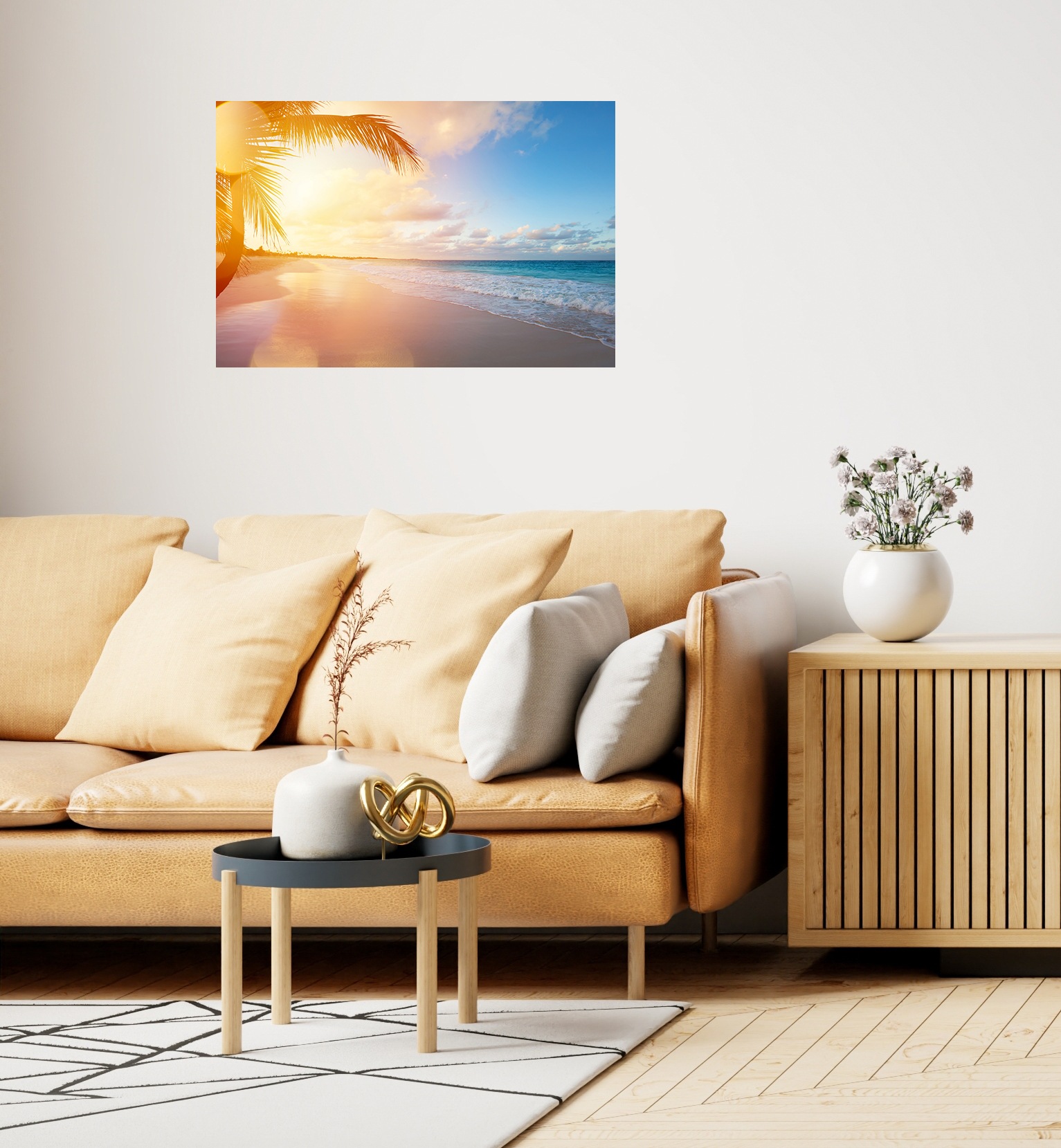 Wandsticker QUEENCE "Urlaub", gelb, B:120cm H:80cm T:0,1cm, Folie, Wandtattoos, Selbstklebend, kinderleichte Anbringung, Sticker, Sonnenaufgang, Meer