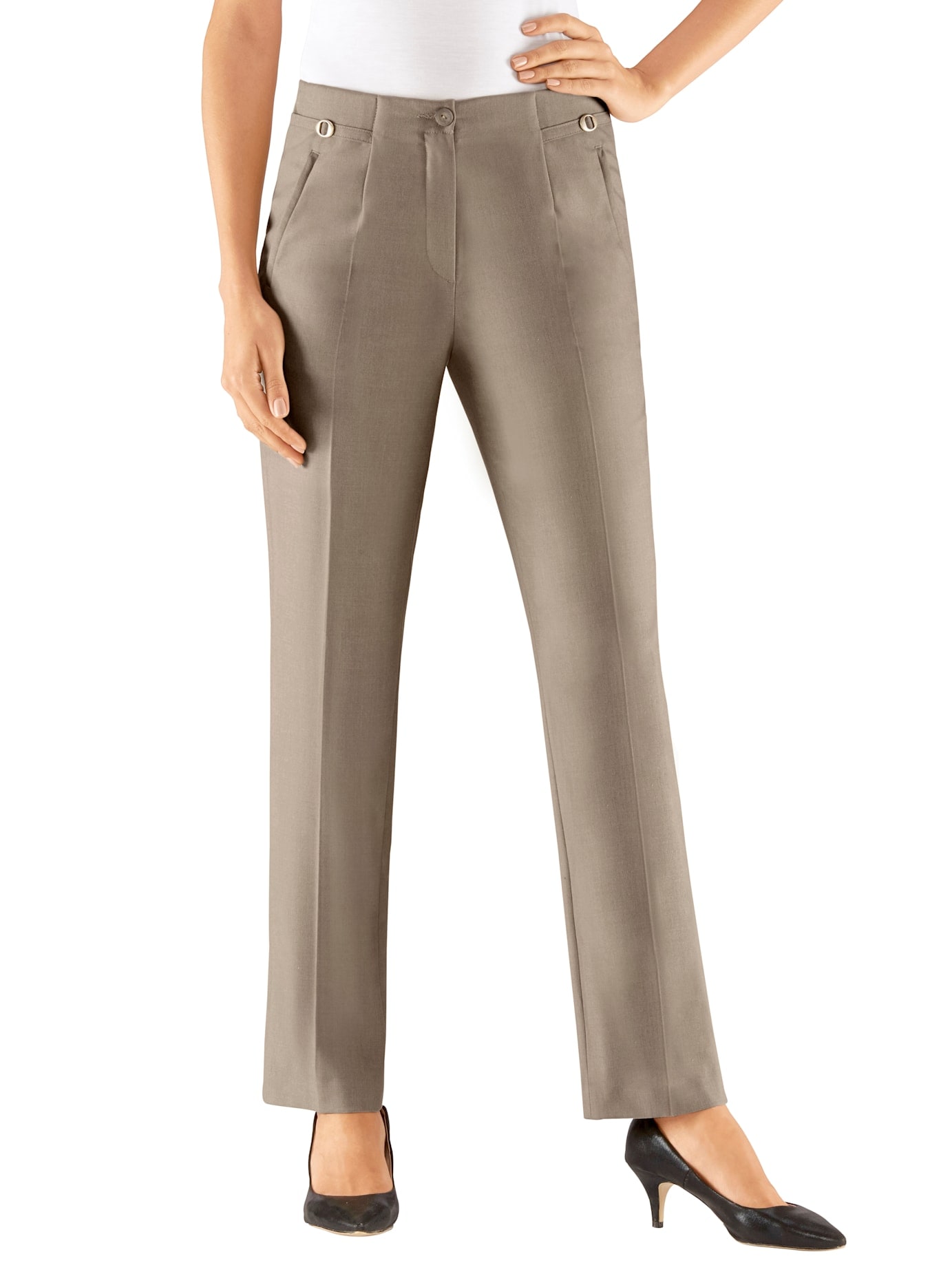 Bügelfaltenhose COME ON, Damen, Gr. 21, Kurzgrößen, grau (taupe, meliert), 65% Polyester, 32% Viskose, 3% Elasthan, meliert, unifarben, lang, Hosen