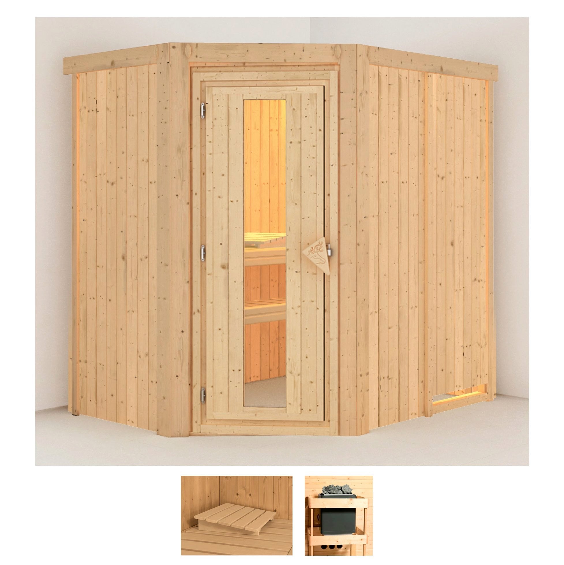 Sauna KARIBU "Clara", beige (naturbelassen), ohne Ofen, (ohne Ofen), Saunen, ohne Ofen