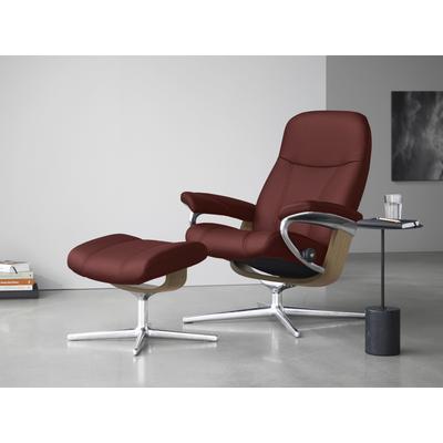 Relaxsessel STRESSLESS "Consul", rot (cherry paloma), B:82cm H:102cm T:72cm, Leder PALOMA: PALOMA ist ein durchgefärbtes Semianilin-Möbelleder mit natürlicher Narbung., Sessel, mit Hocker, mit Cross Base, Größe S, M & L, Holzakzent Eiche Image