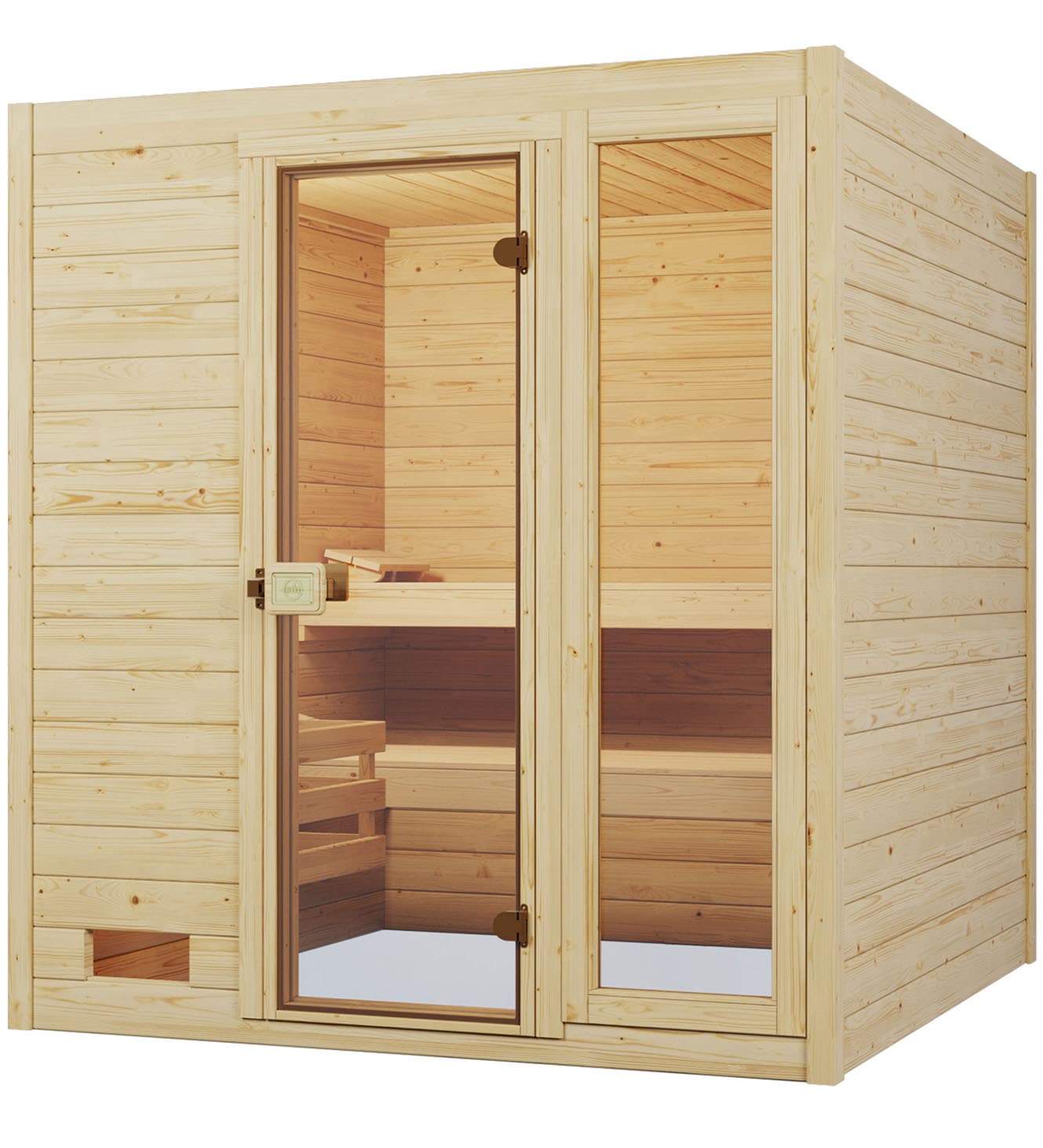 Sauna WEKA "Massivholzsauna VALIDA PLUS", beige (natur), Saunaofen, integrierte Steuerung, 9 kW, Saunen, Blockbohlen, Fensterelement, moderne Ganzglastür