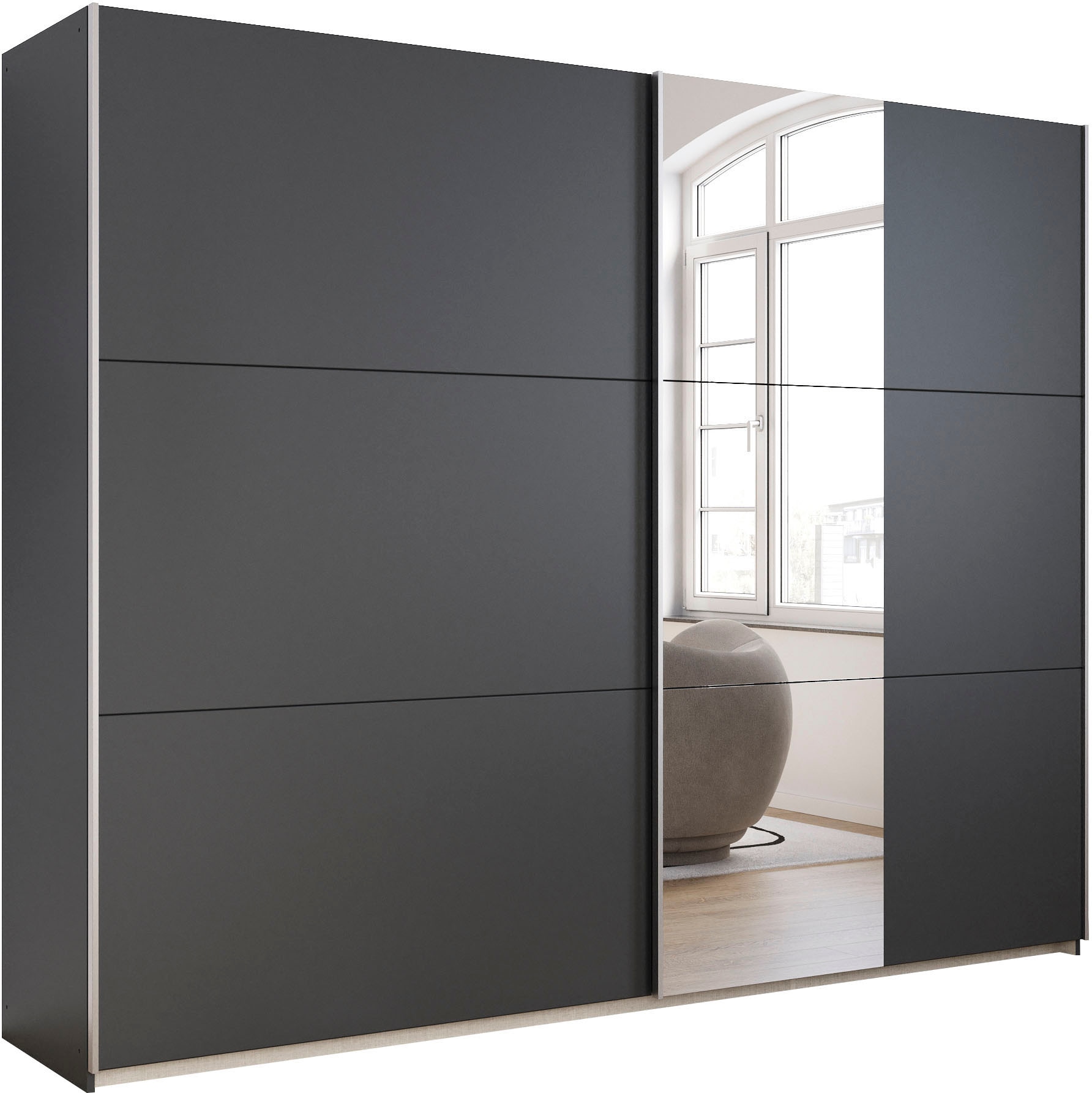 Schwebetürenschrank RAUCH "Kleiderschrank Drehtürenschrank Schrank Garderobe KRONACH TOPSELLER", grau (graumetallic, griffleisten alu, 1 spiegel), B:261cm H:210cm T:59cm, Holzwerkstoff, Schränke, Schwebetürenschrank, mit Spiegel und viel Stauraum,...