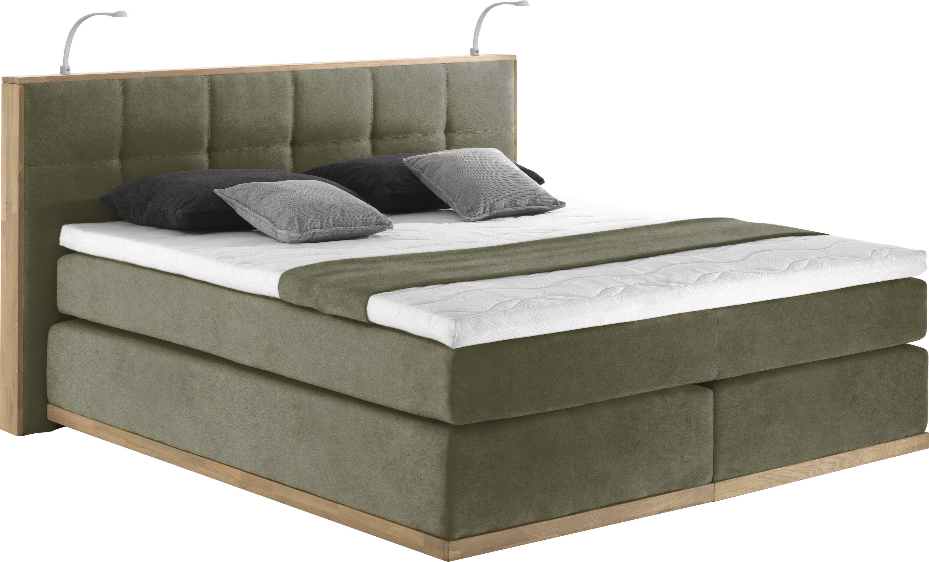 Boxspringbett PLACES OF STYLE "Vinton", grün (olive), B:200cm L:213cm, Komplettbetten, Boxspringbett, aus Eiche, mit LED-Beleuchtung, verschiedene Härtegrade (auch H4) Image