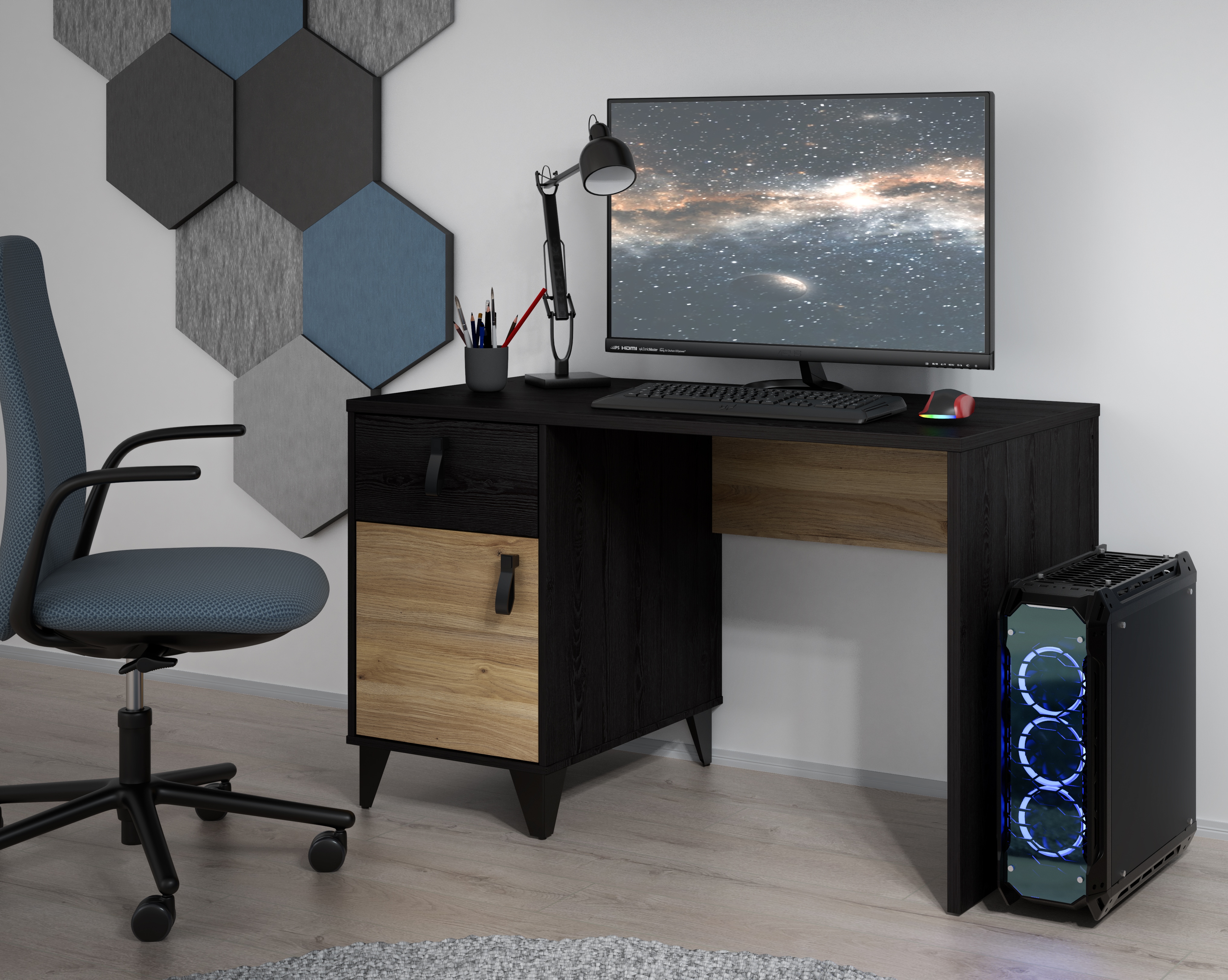 Schreibtisch FORTE "Lya", schwarz (mauvelle eiche, cabezone eiche, cabezone eiche, cabezone eiche), B:120cm H:73,4cm T:60cm, Tische, Schreibtisch, Metallfüße, Griffschlaufen, trendiges Design