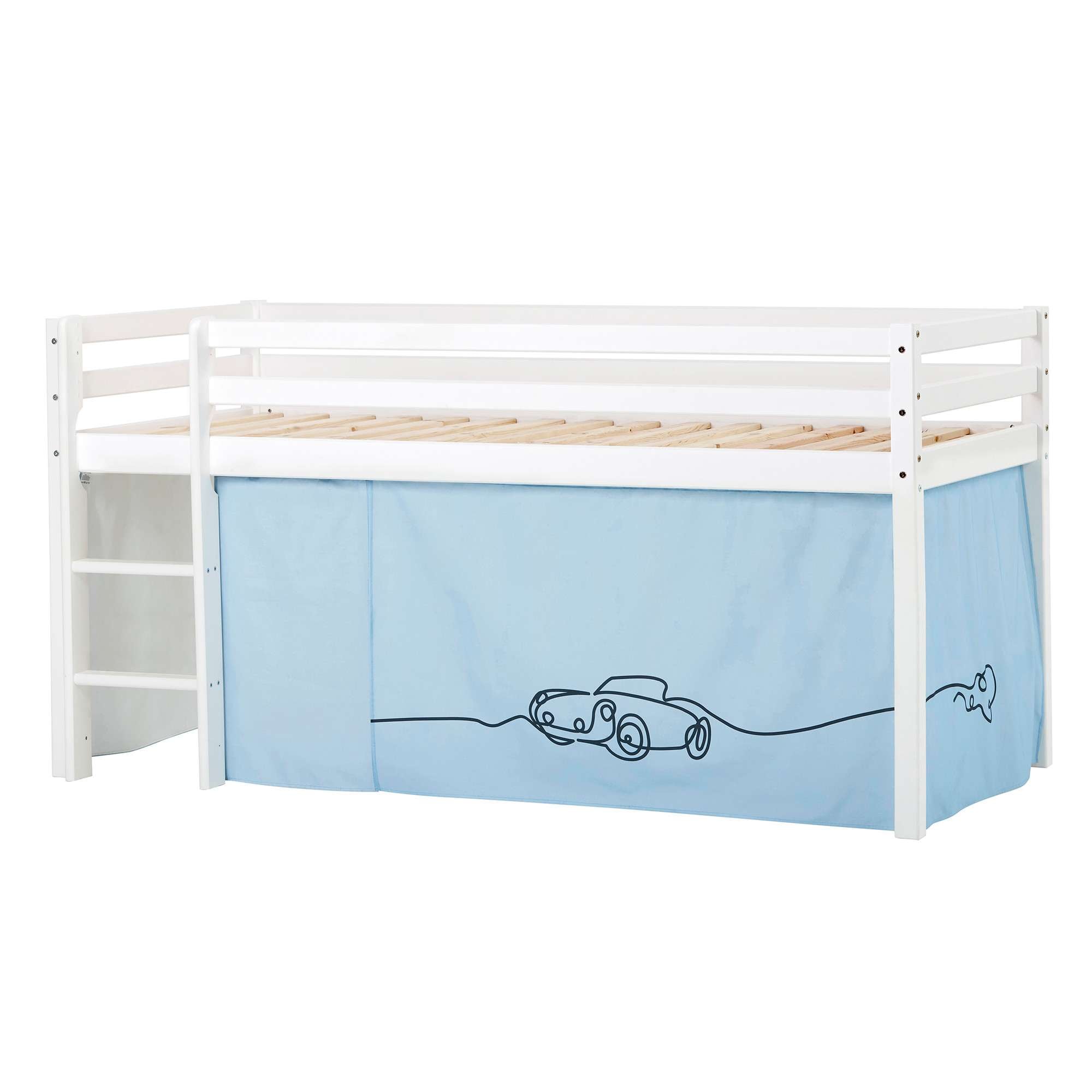 Hochbett HOPPEKIDS "ECO Dream, Kinderbett, Spielbett, Halbhohes Bett aus Massivholz", blau (weiß, cars blau), B:101cm H:105cm L:208cm, Kinderbett: 100% Massivholz: Nordische Kiefer, Vorhang: 100% Baumwolle, Hochbetten, Hochbett Kinderbett, inkl....