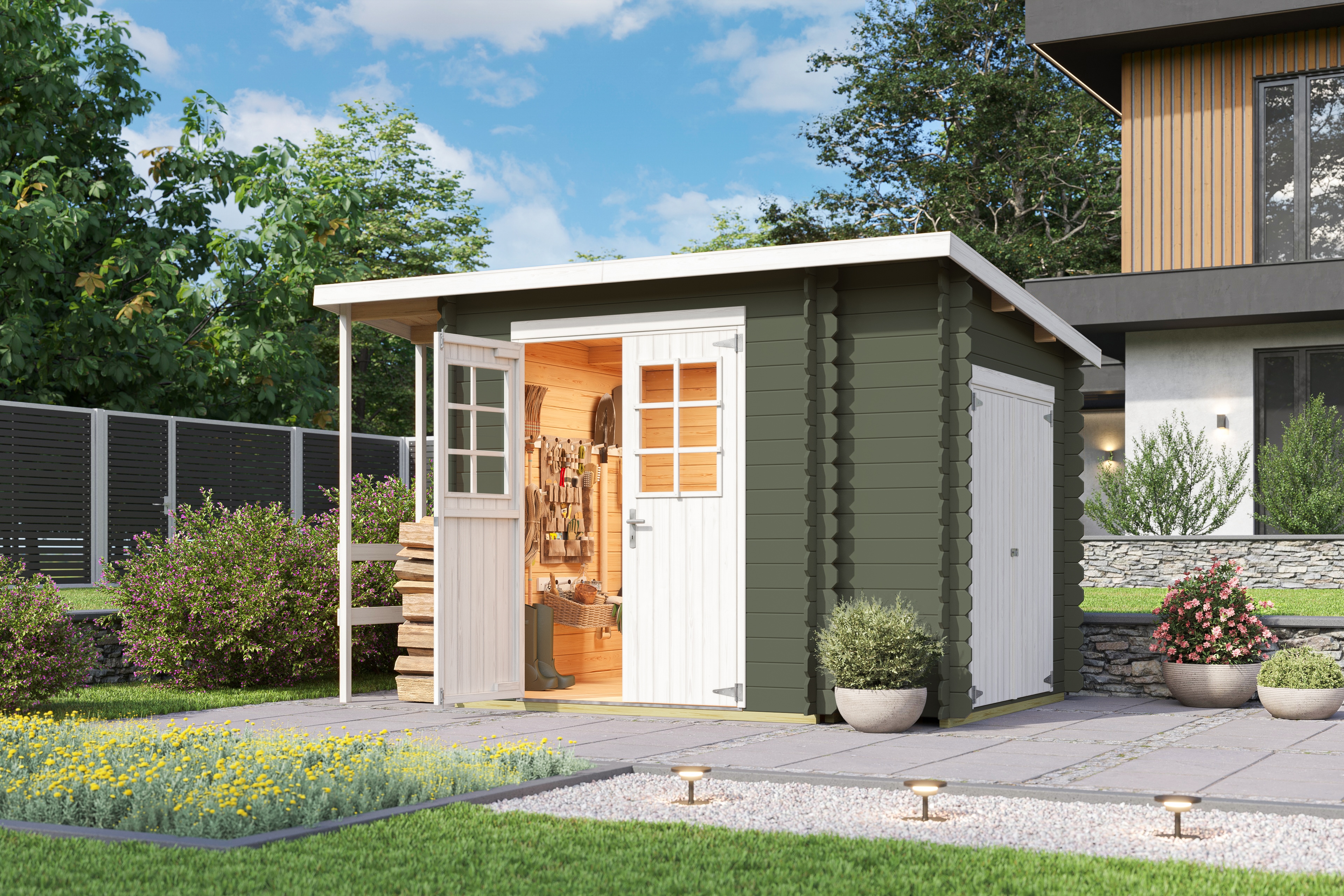 Gartenhaus NORDIC HOLZ "Vilano 3", grün (grüngrau), ohne Fußboden, Massivholzdach, Holz, Gartenhäuser, mit 3 getrennten Bereiche Image