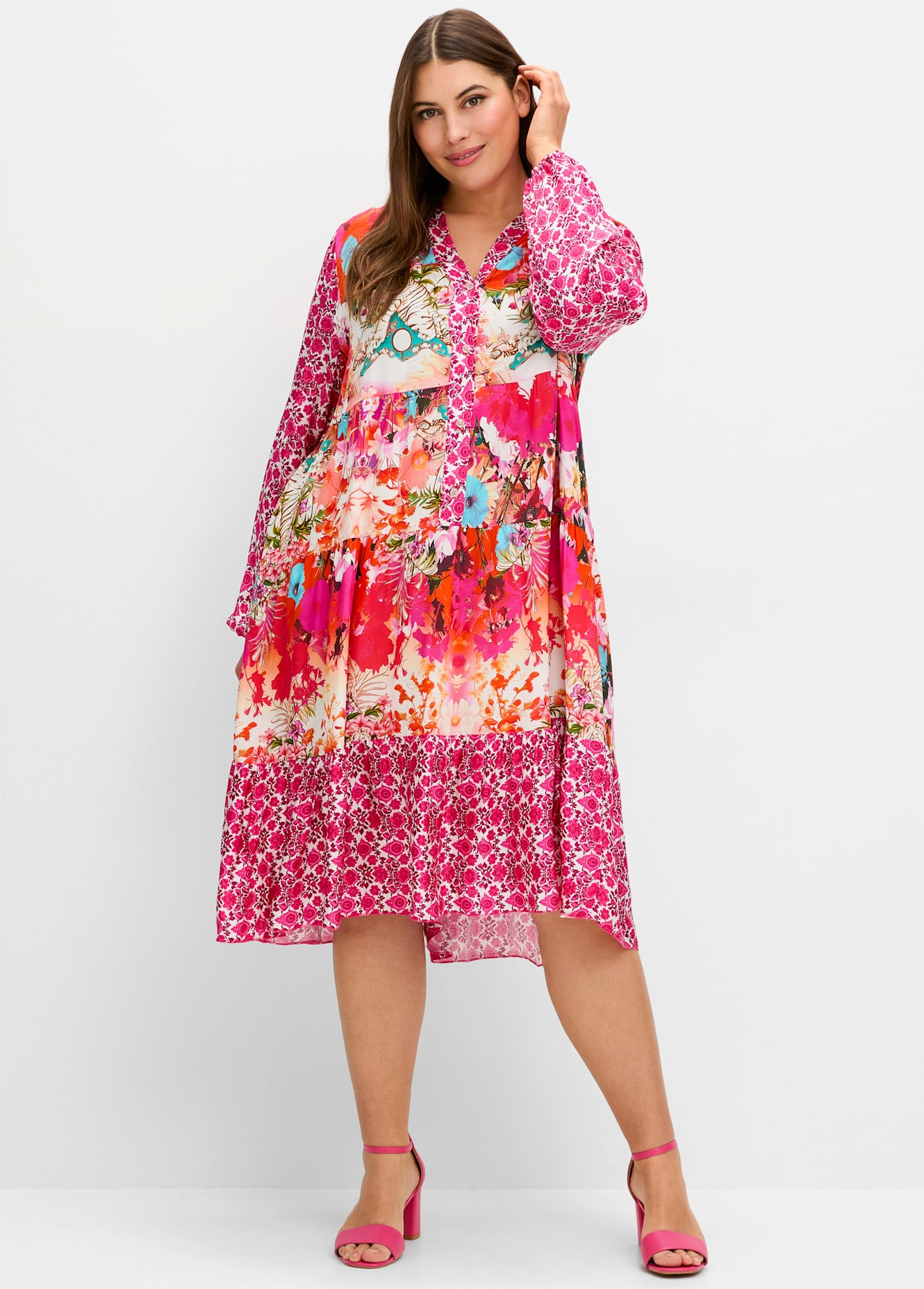 Druckkleid "Kleid", Damen, Gr. 44, Normalgrößen, orange (rotorange, gemustert), 100% Viskose, bedruckt, gemustert, mehrfarbig, knielang, V-Ausschnitt, Kleider Image
